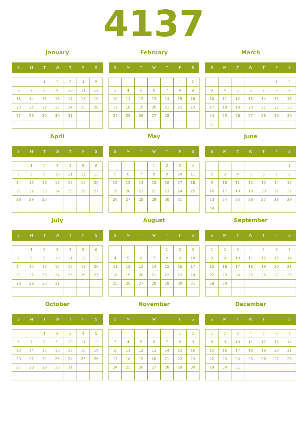 Printable 4137 Year Calendars chartreuse