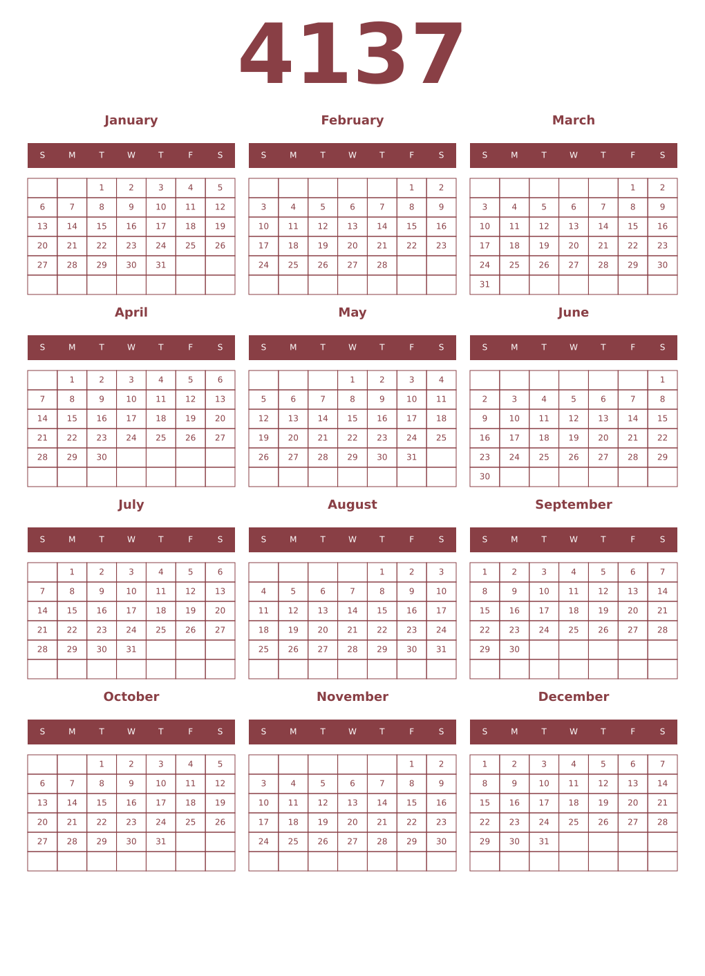 Printable 4137 Year Calendars cordovan