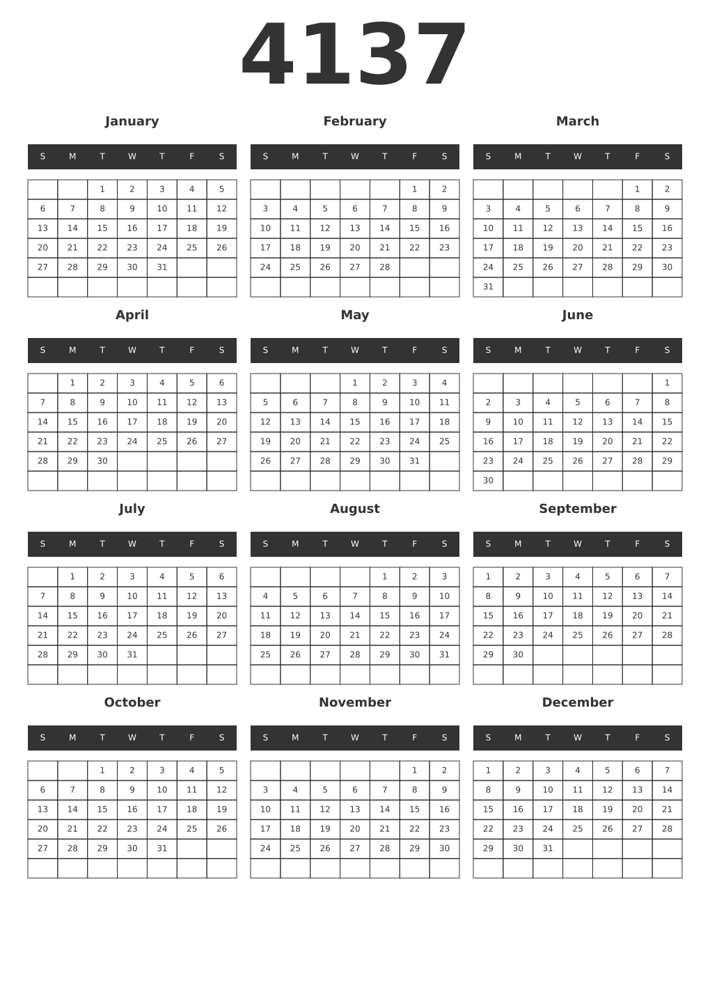 Printable 4137 Year Calendars dark