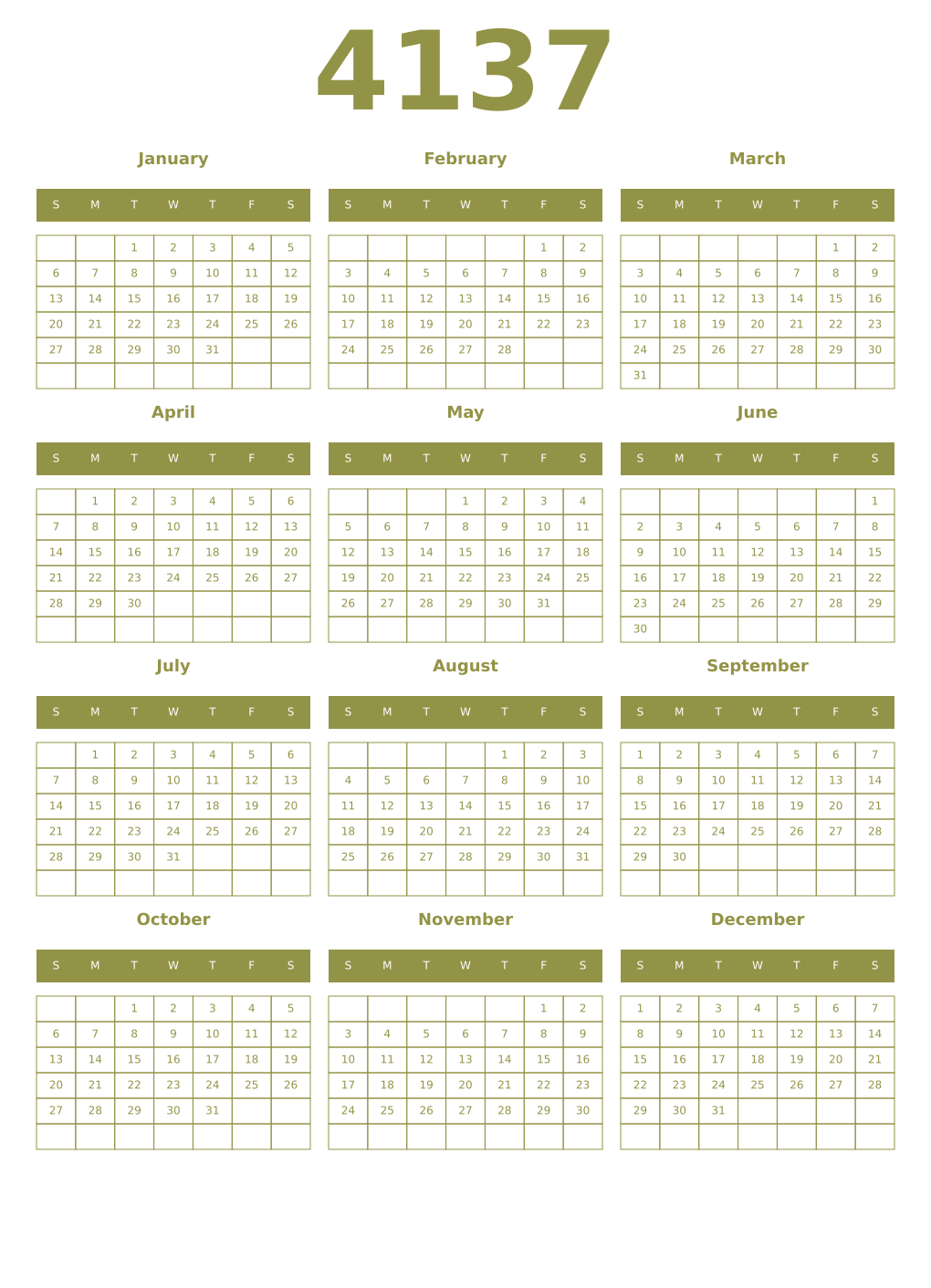 Printable 4137 Year Calendars eburnean