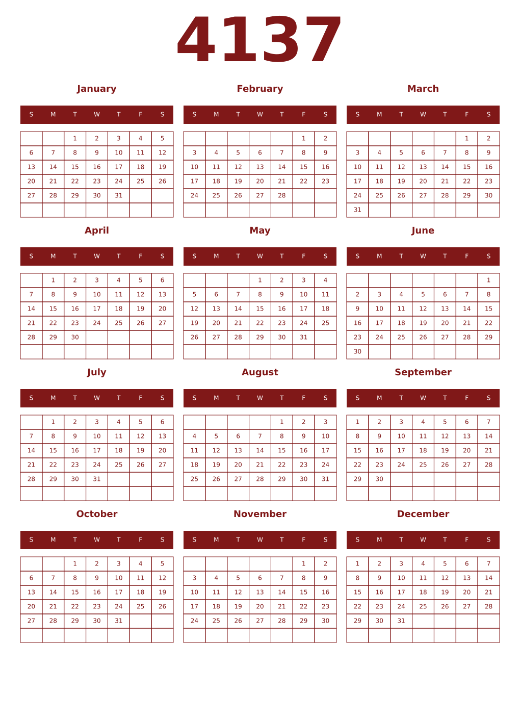 Printable 4137 Year Calendars falu