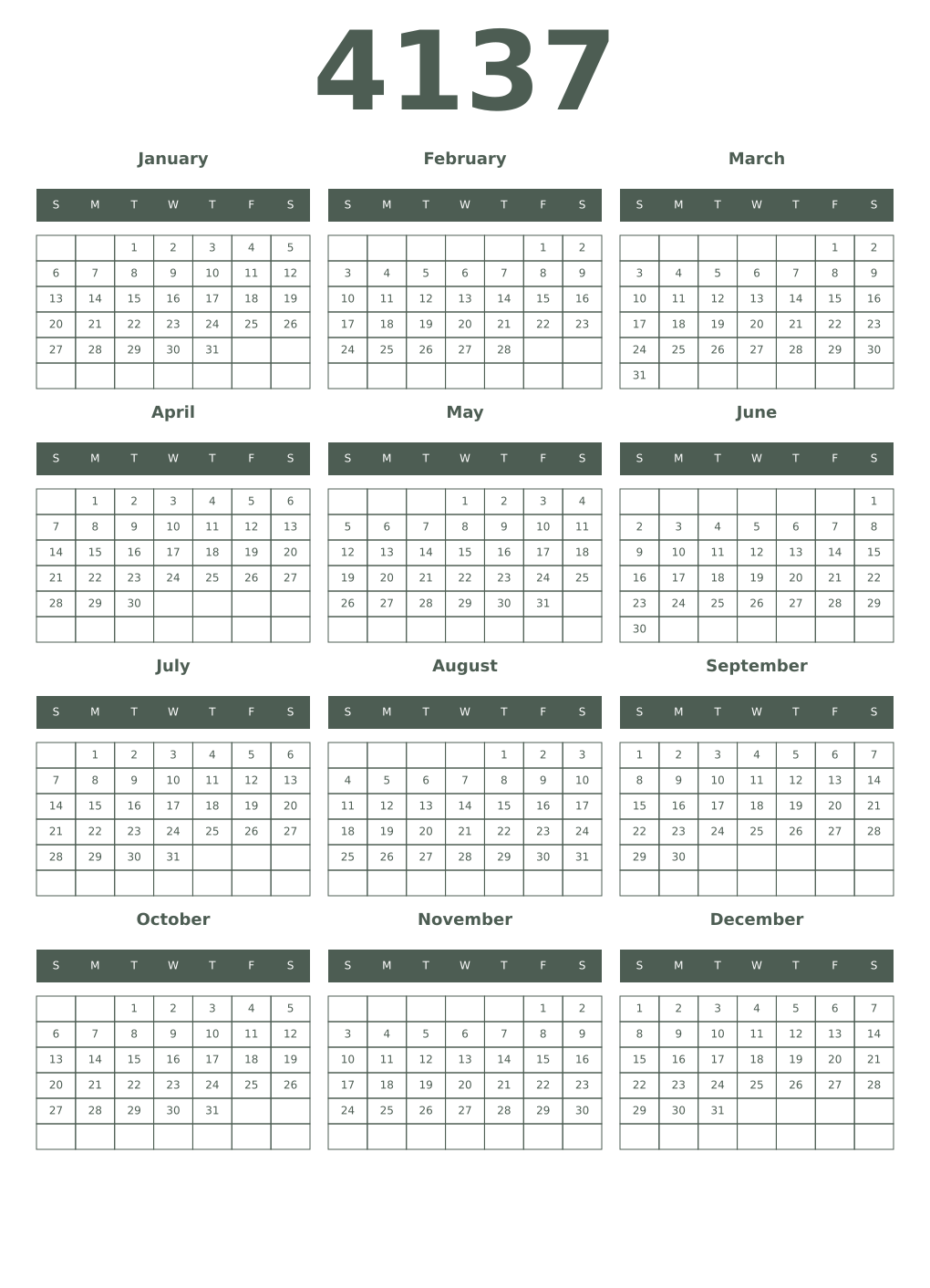 Printable 4137 Year Calendars feldgrau