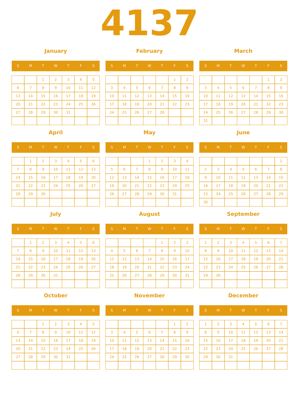Printable 4137 Year Calendars gamboge