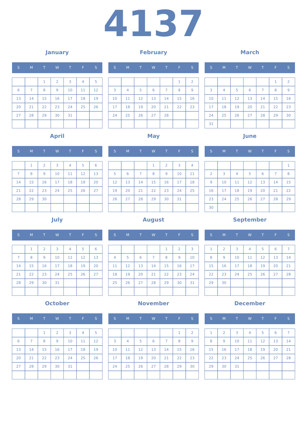 Printable 4137 Year Calendars glaucous