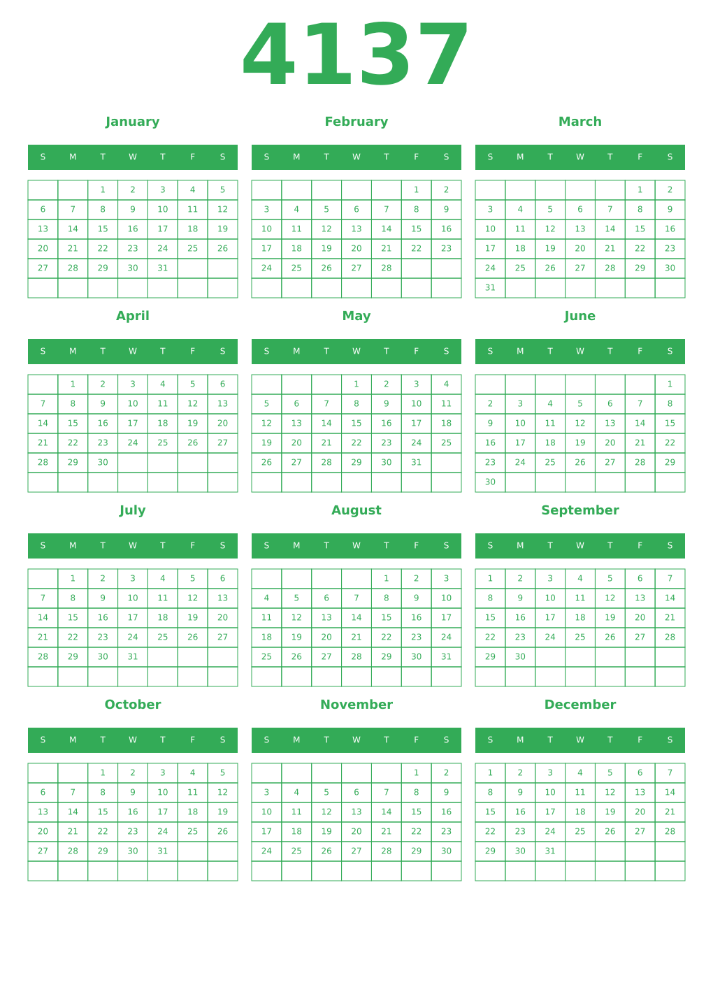 Printable 4137 Year Calendars green