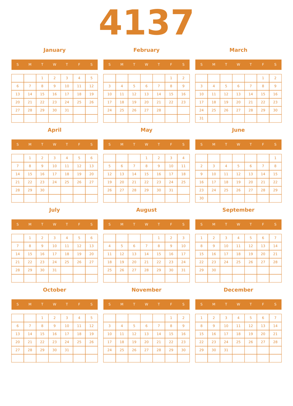 Printable 4137 Year Calendars orange