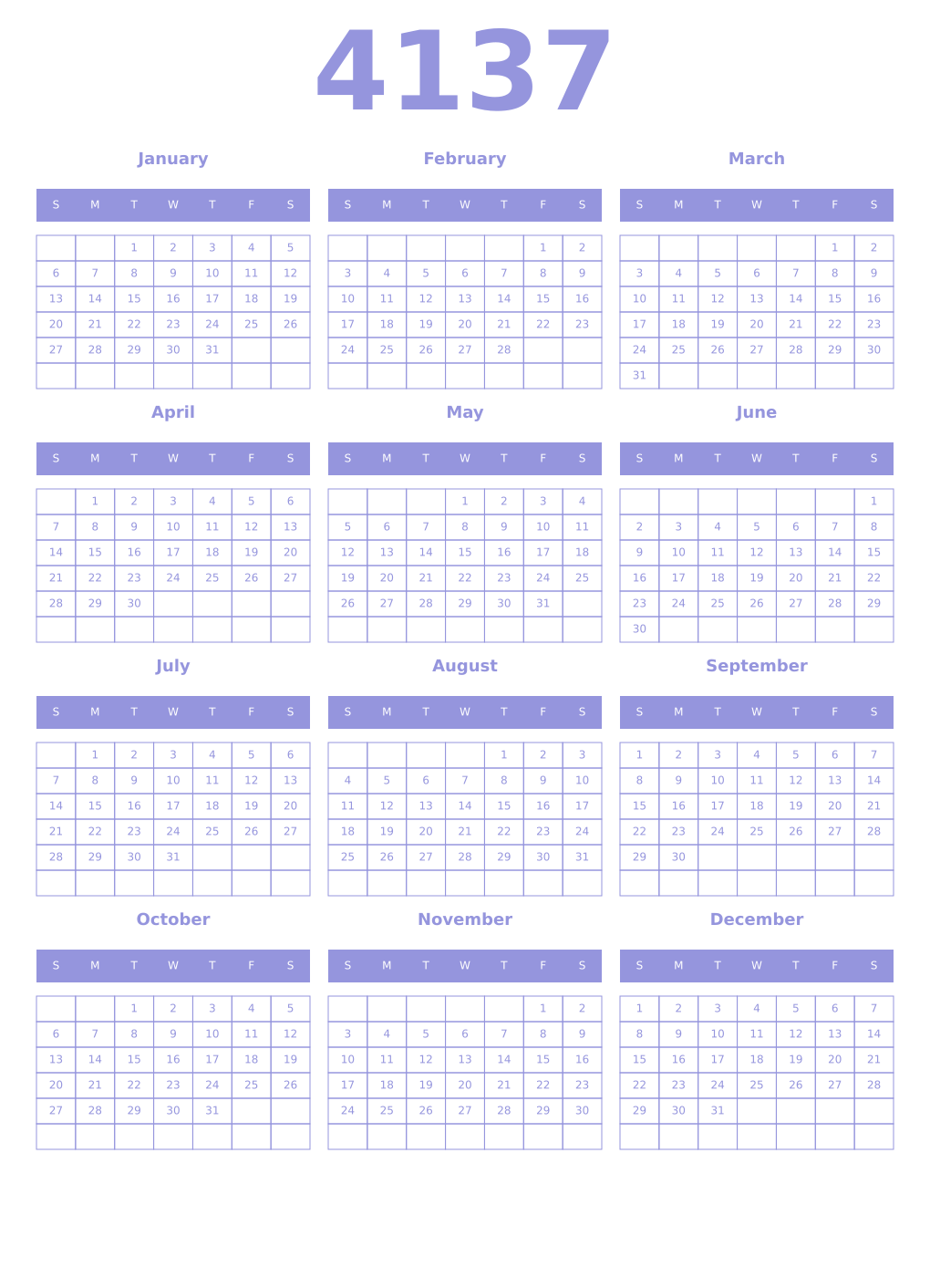 Printable 4137 Year Calendars periwinkle