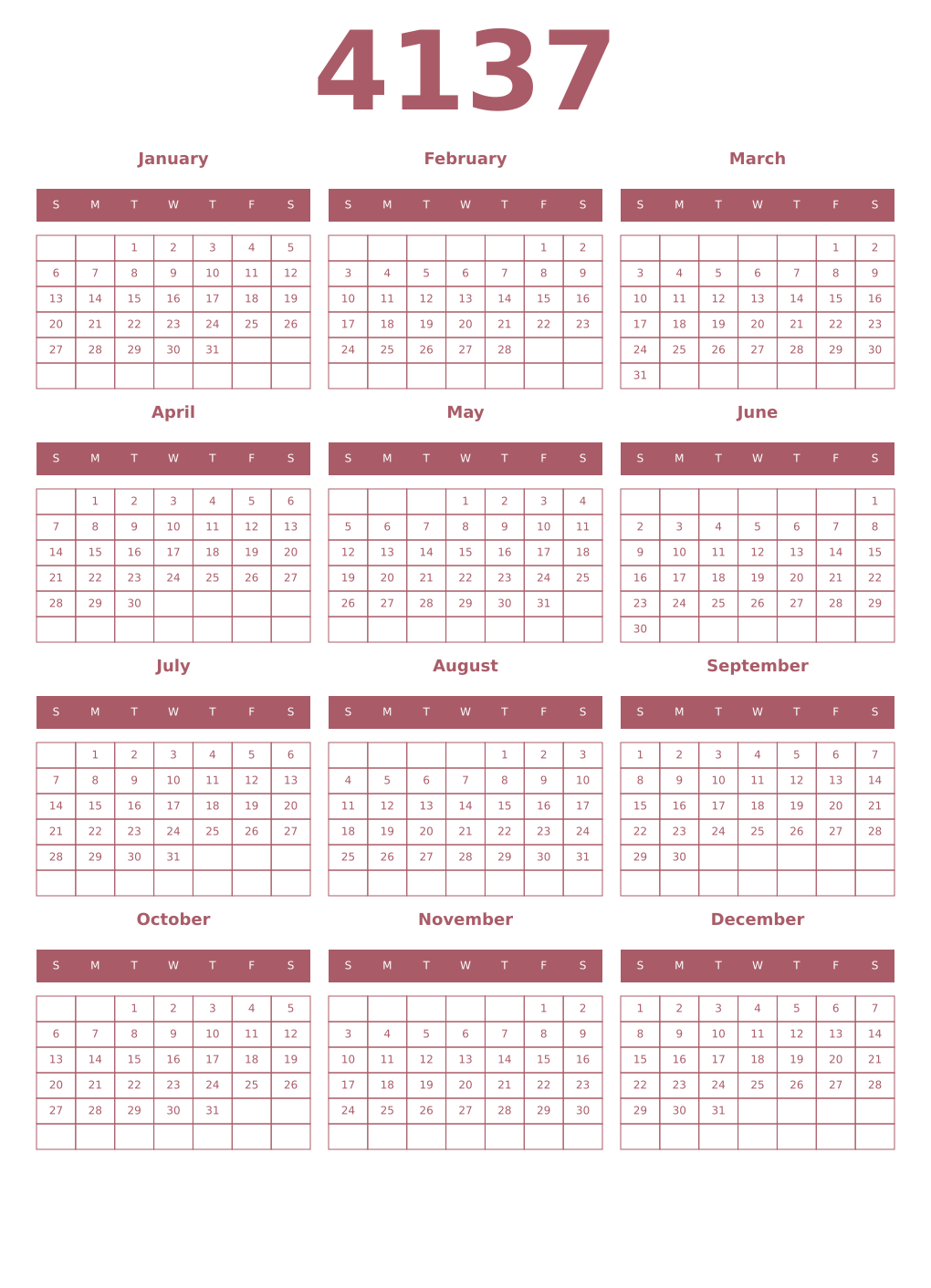 Printable 4137 Year Calendars puce