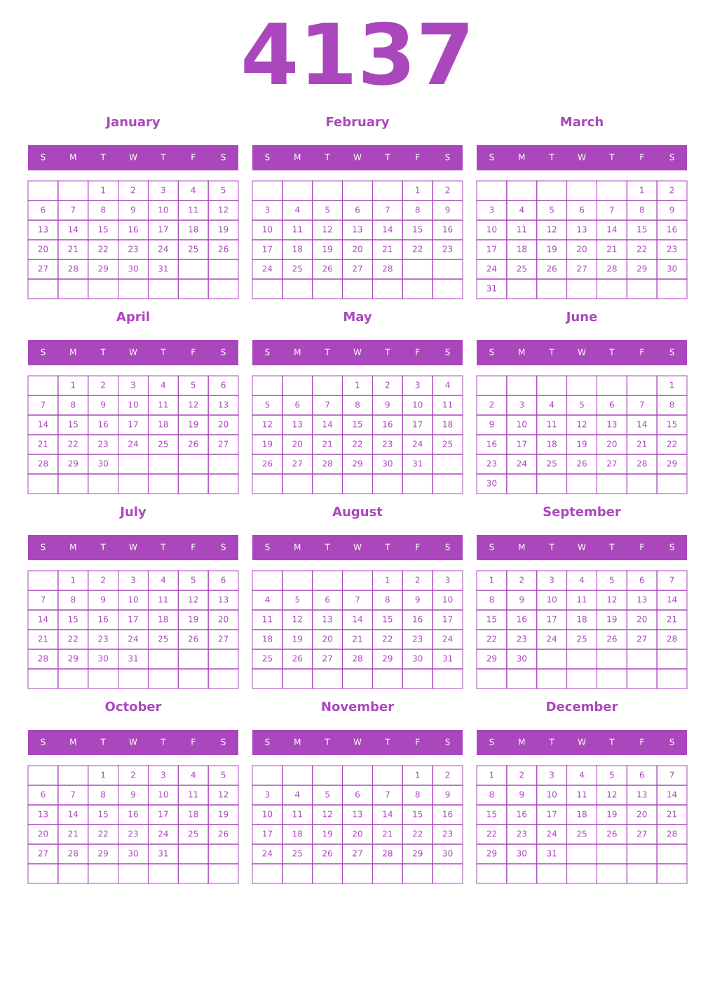 Printable 4137 Year Calendars purple