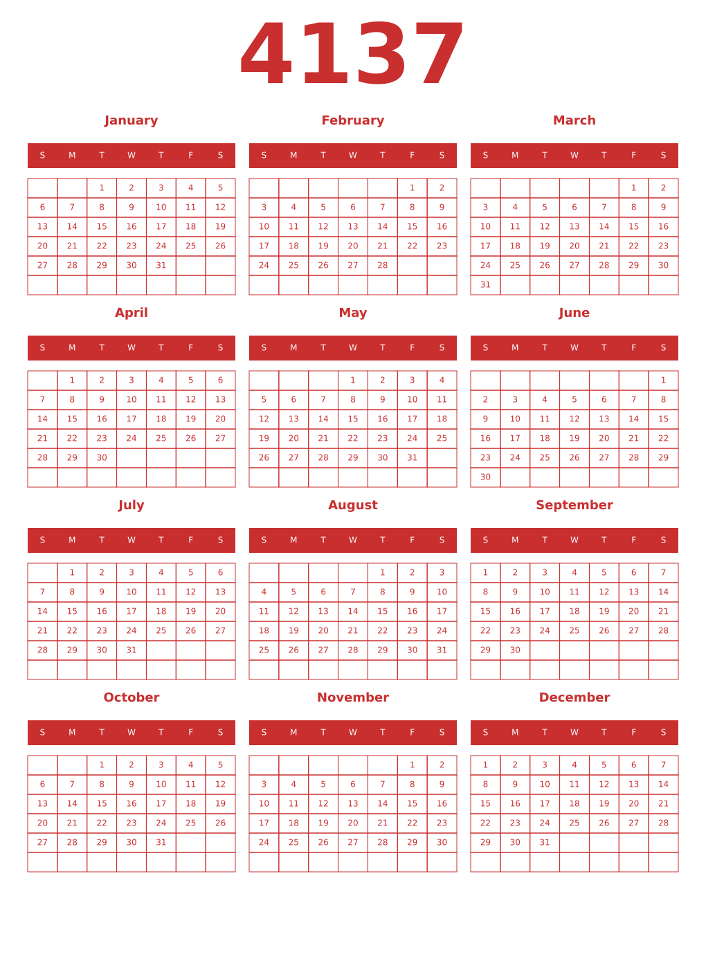 Printable 4137 Year Calendars red