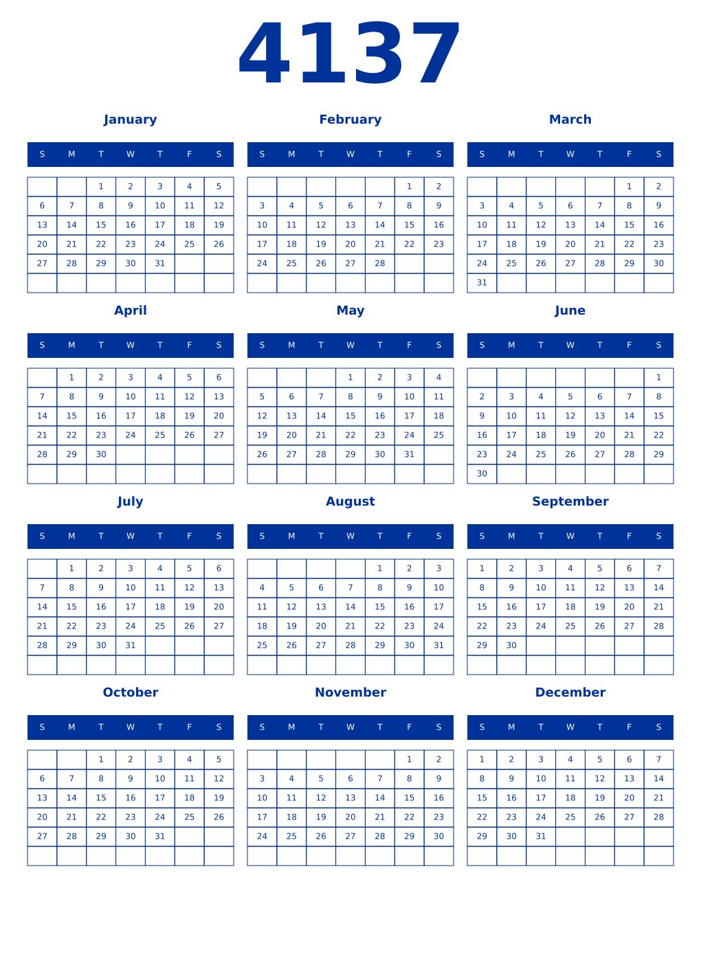 Printable 4137 Year Calendars smalt