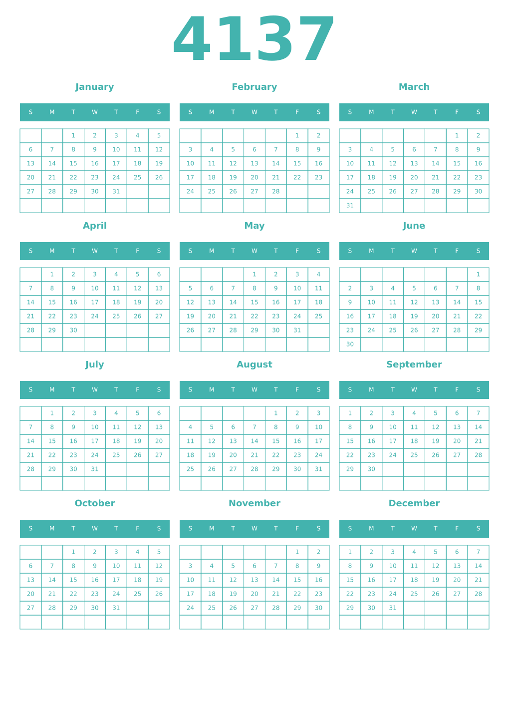 Printable 4137 Year Calendars verdigris