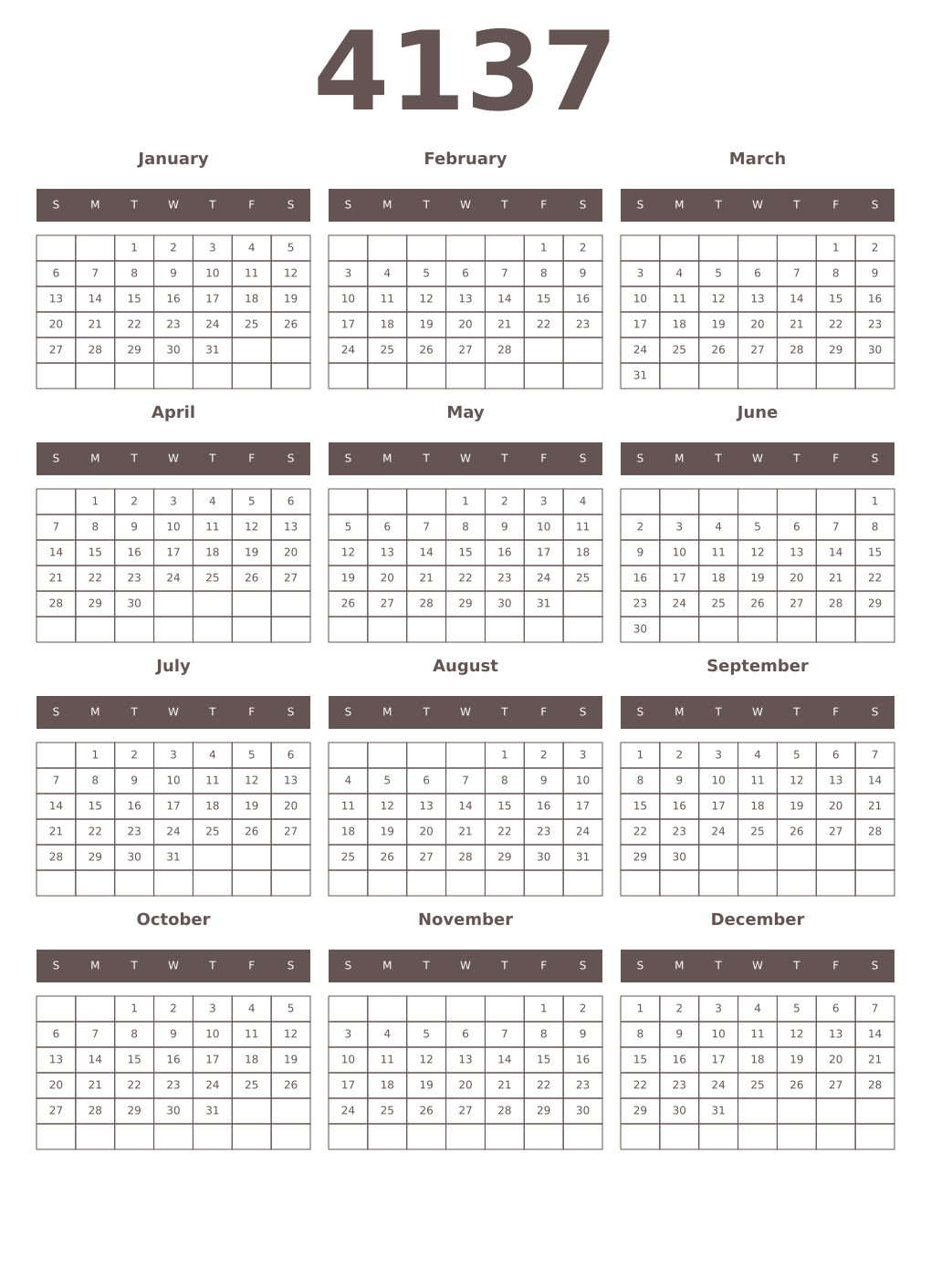 Printable 4137 Year Calendars wenge