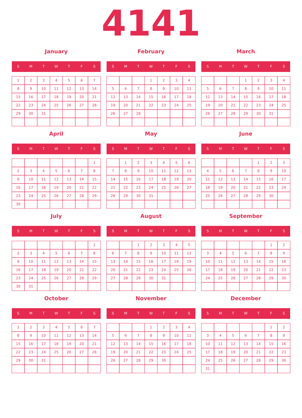Printable 4141 Year Calendars amaranth