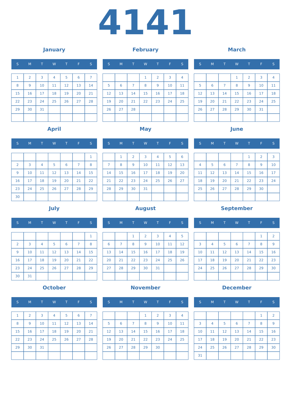 Printable 4141 Year Calendars blue