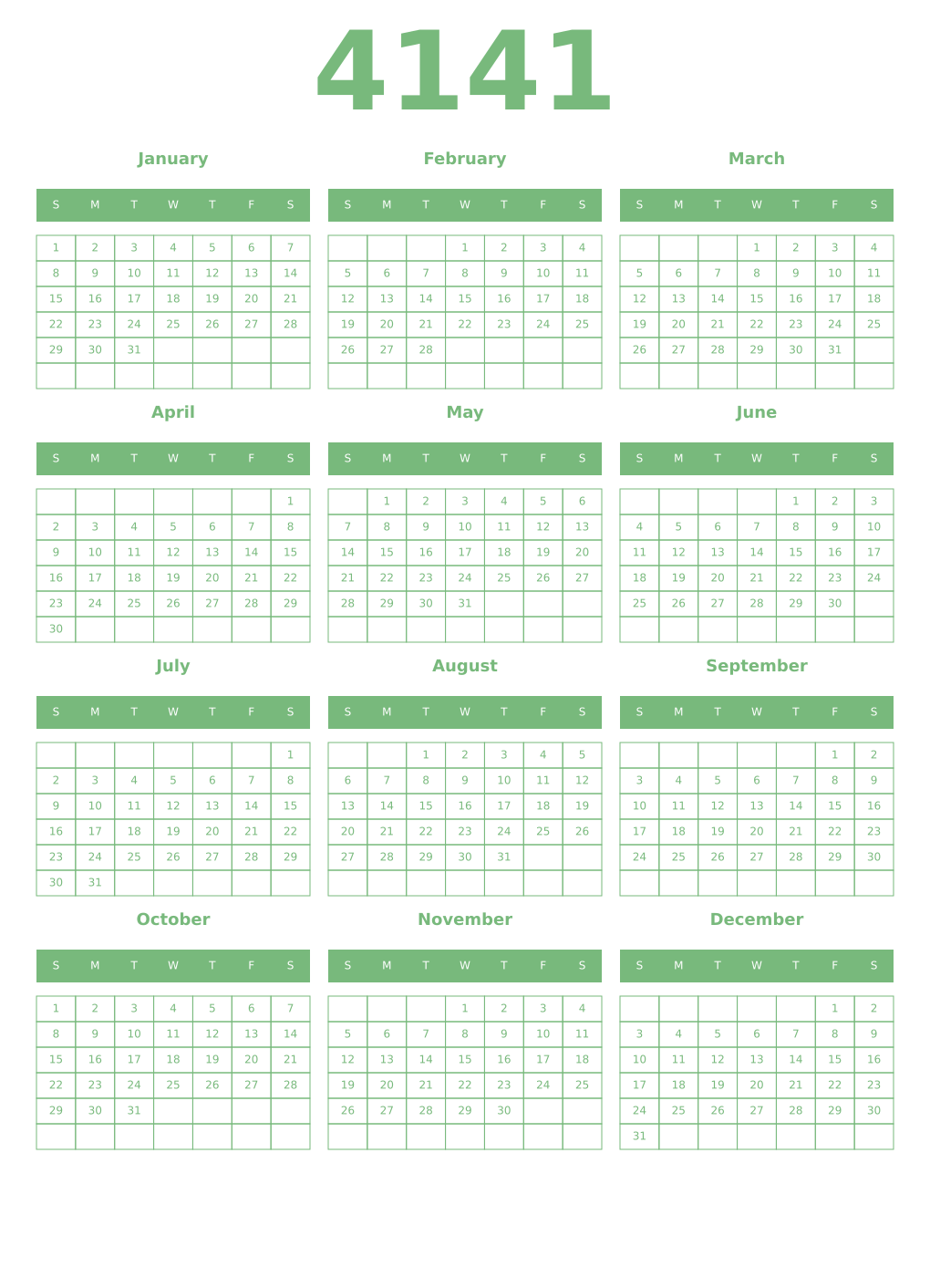 Printable 4141 Year Calendars celadon