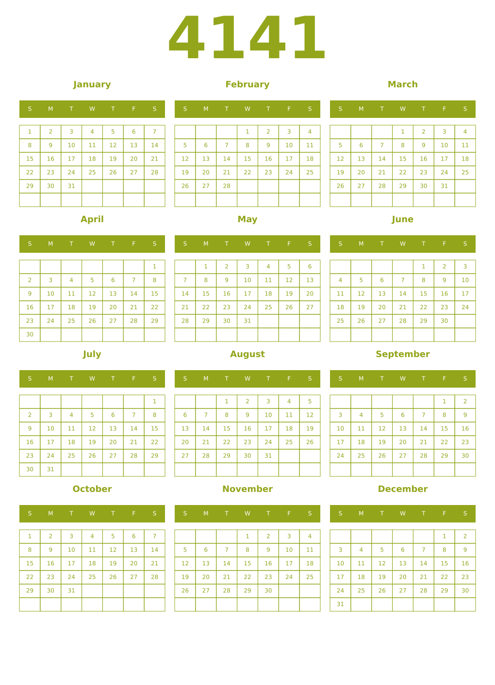 Printable 4141 Year Calendars chartreuse