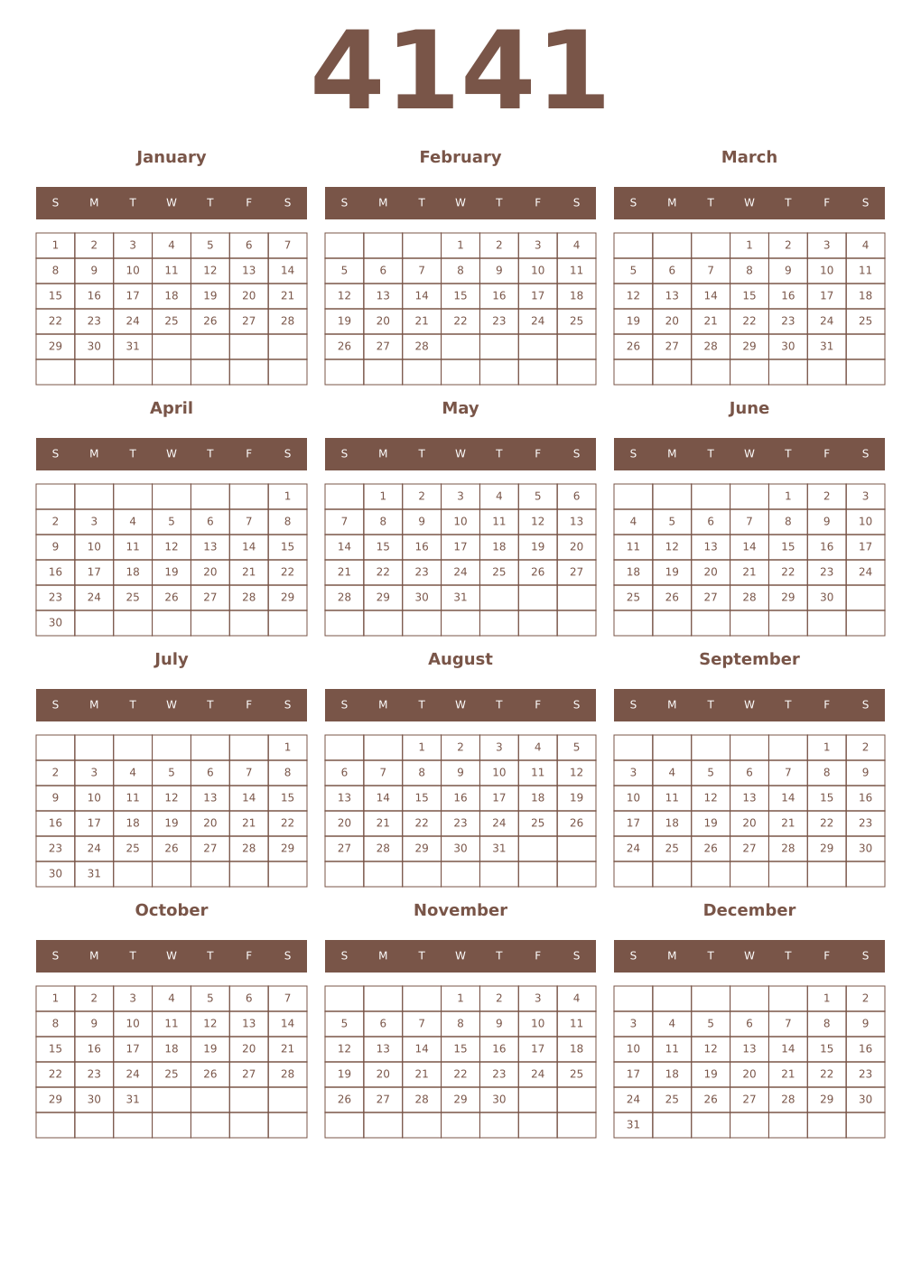 Printable 4141 Year Calendars coffe