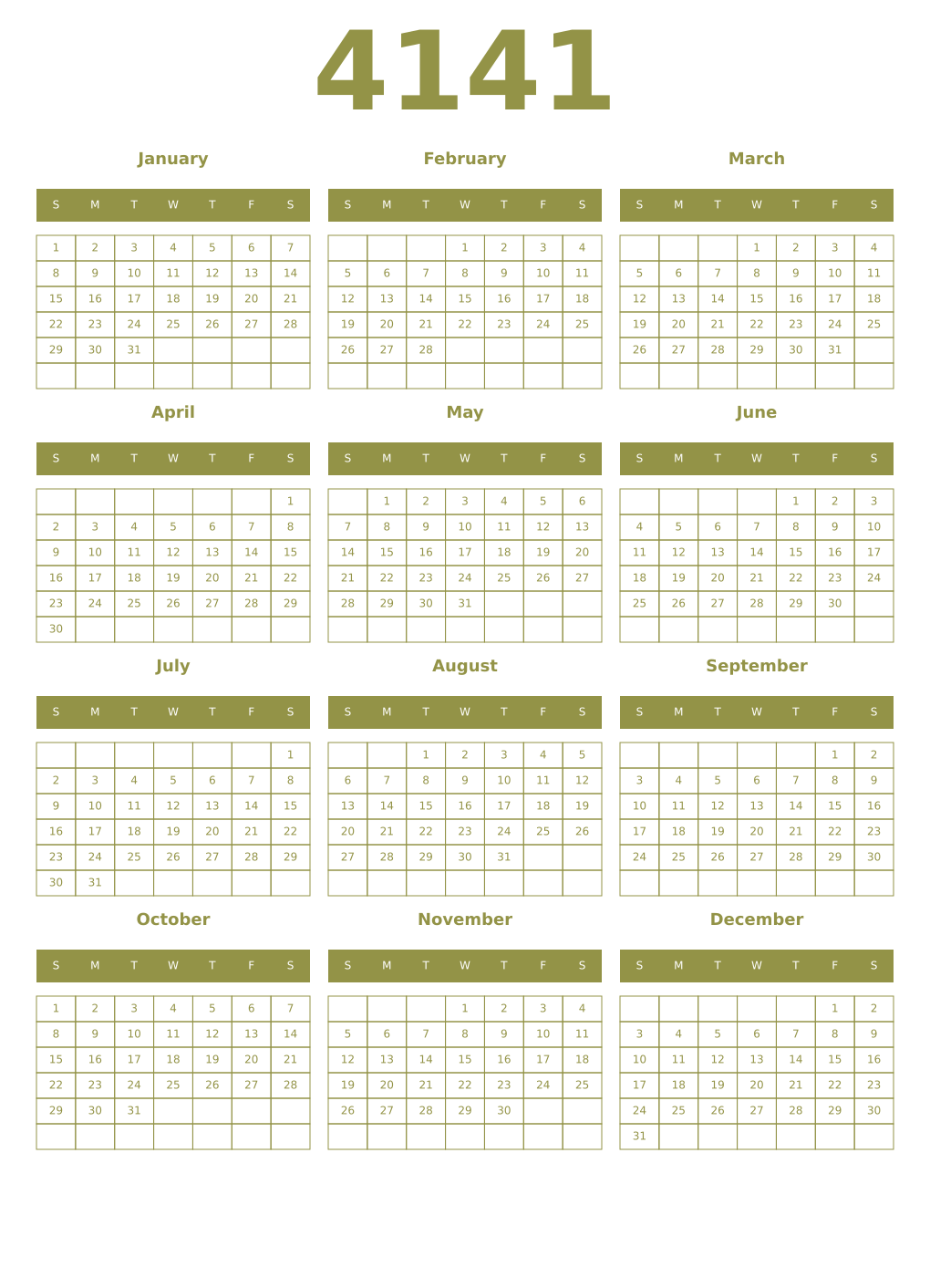 Printable 4141 Year Calendars eburnean