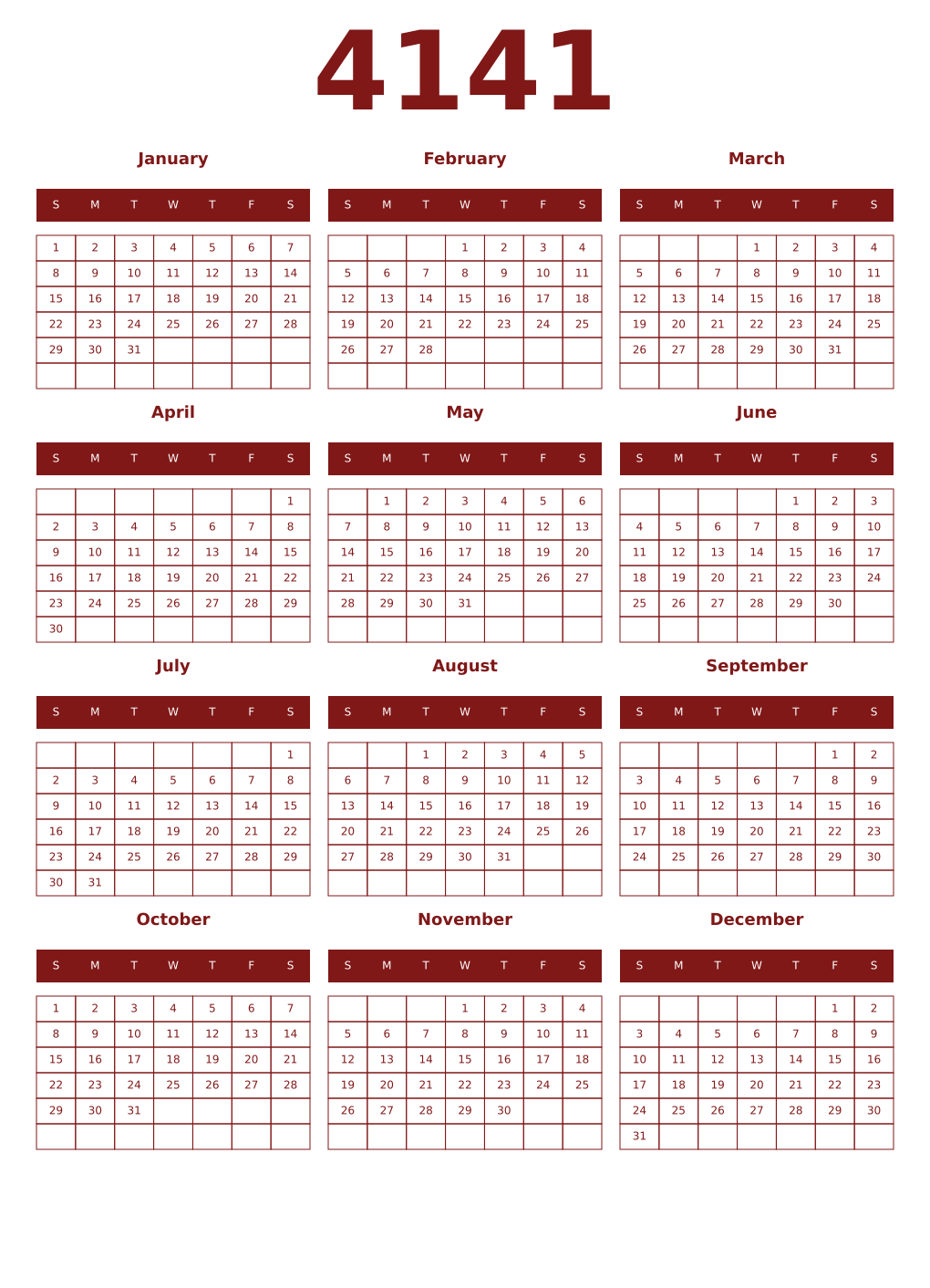 Printable 4141 Year Calendars falu