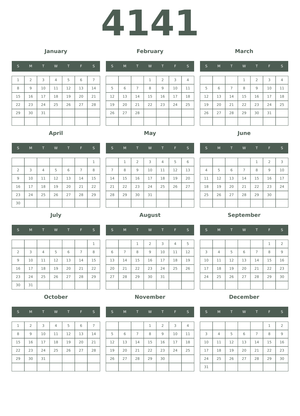 Printable 4141 Year Calendars feldgrau