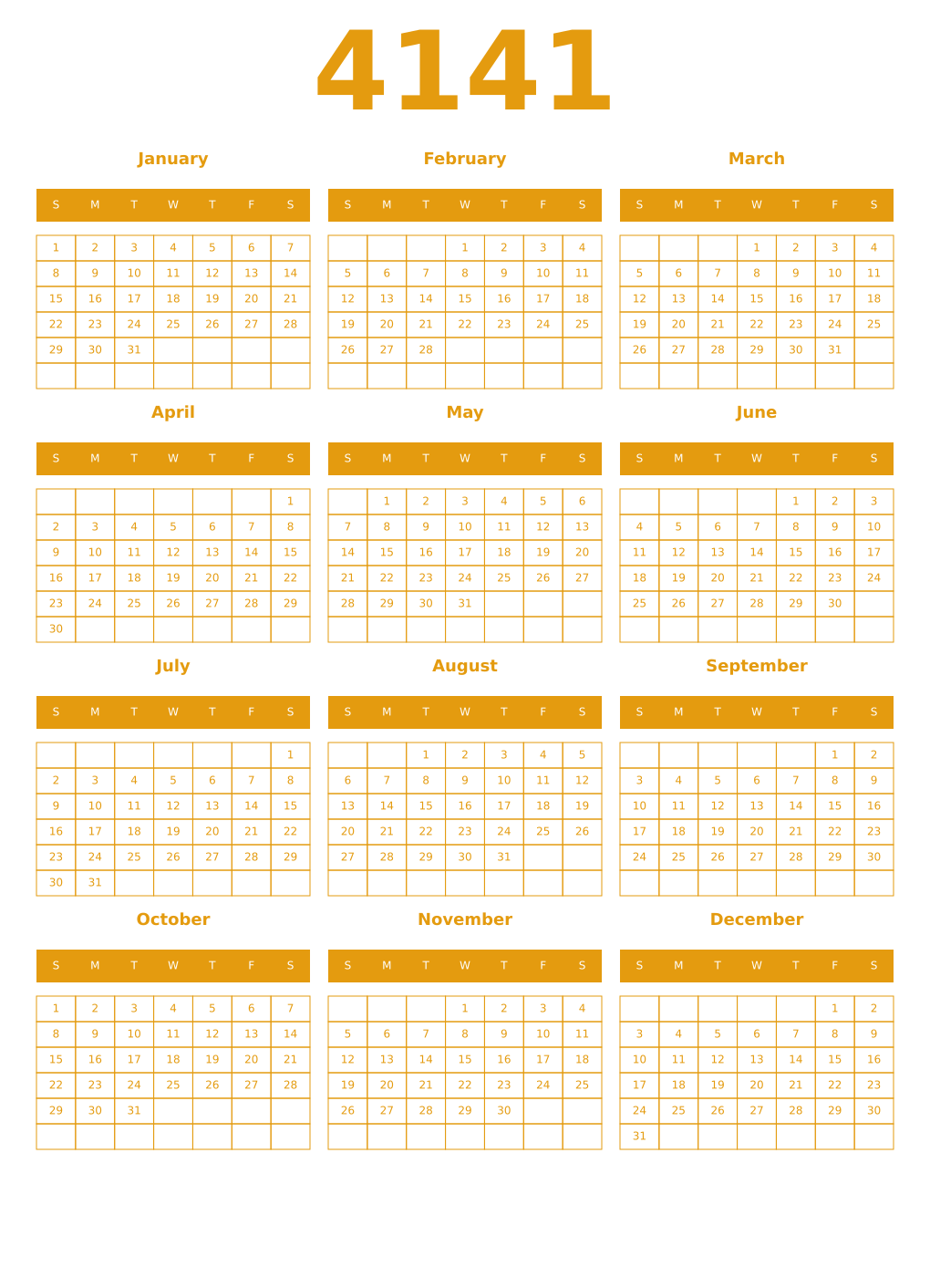 Printable 4141 Year Calendars gamboge