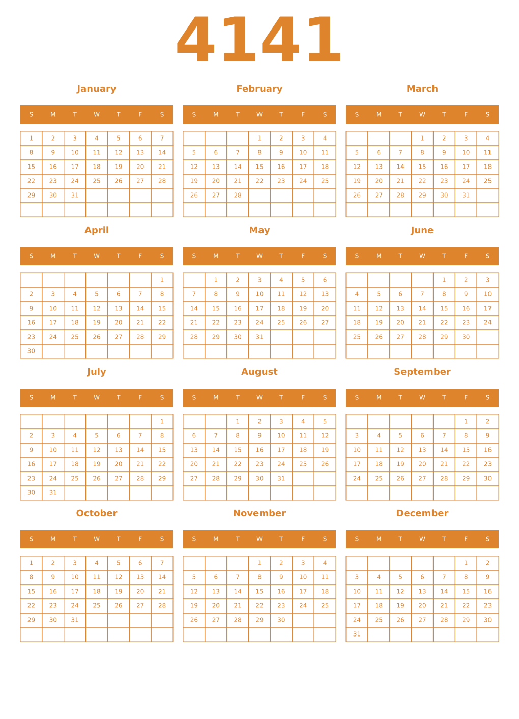 Printable 4141 Year Calendars orange