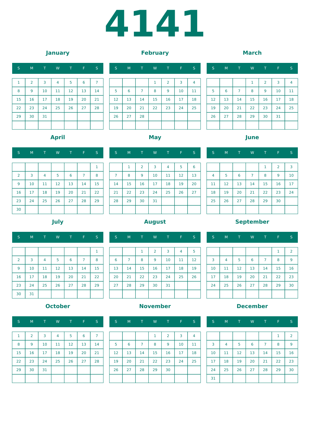 Printable 4141 Year Calendars pastel