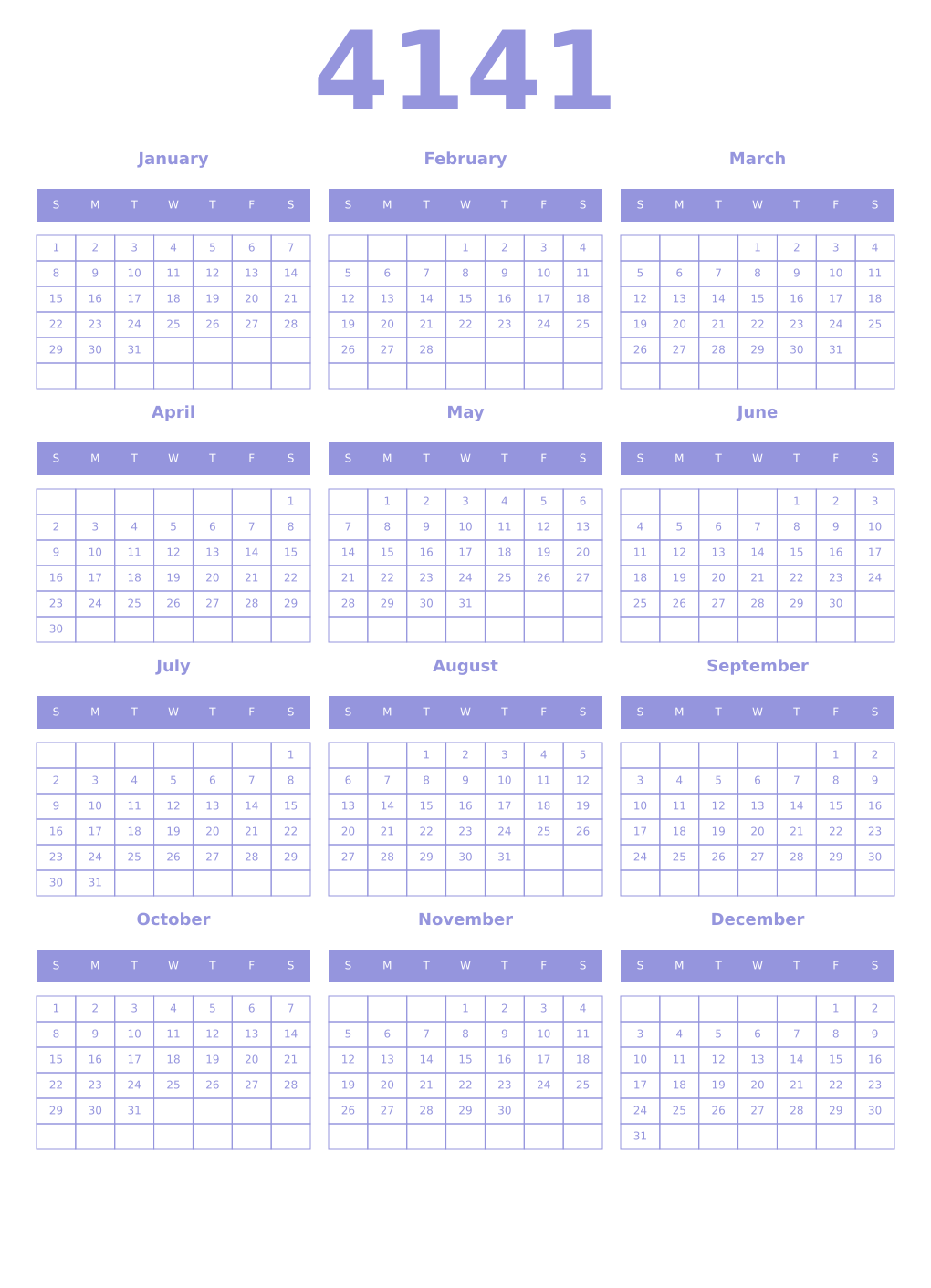 Printable 4141 Year Calendars periwinkle