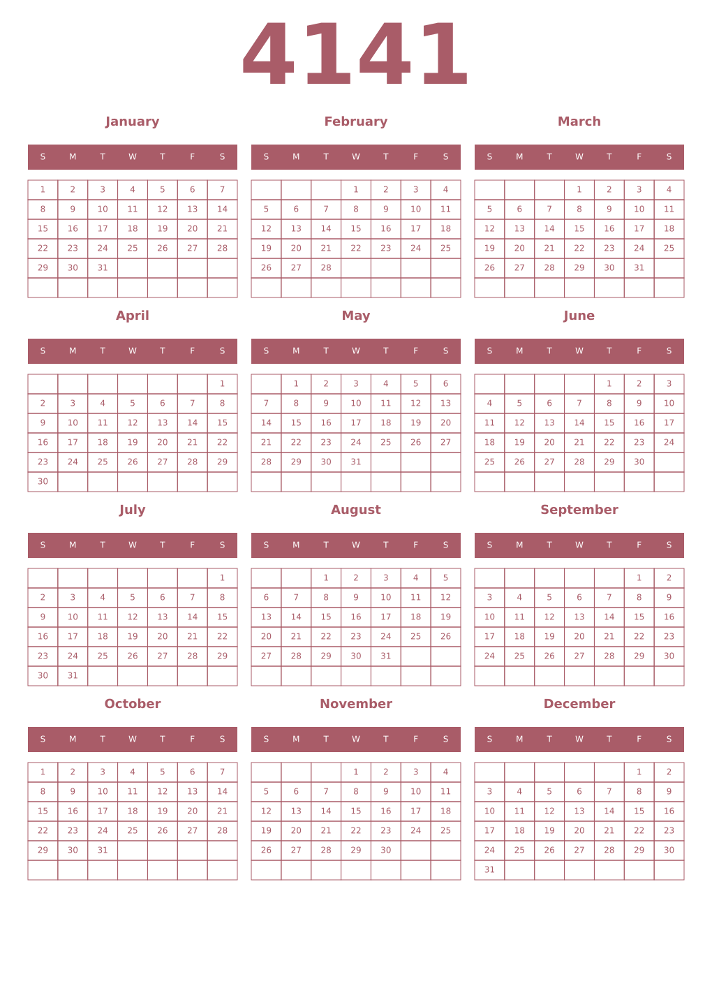 Printable 4141 Year Calendars puce