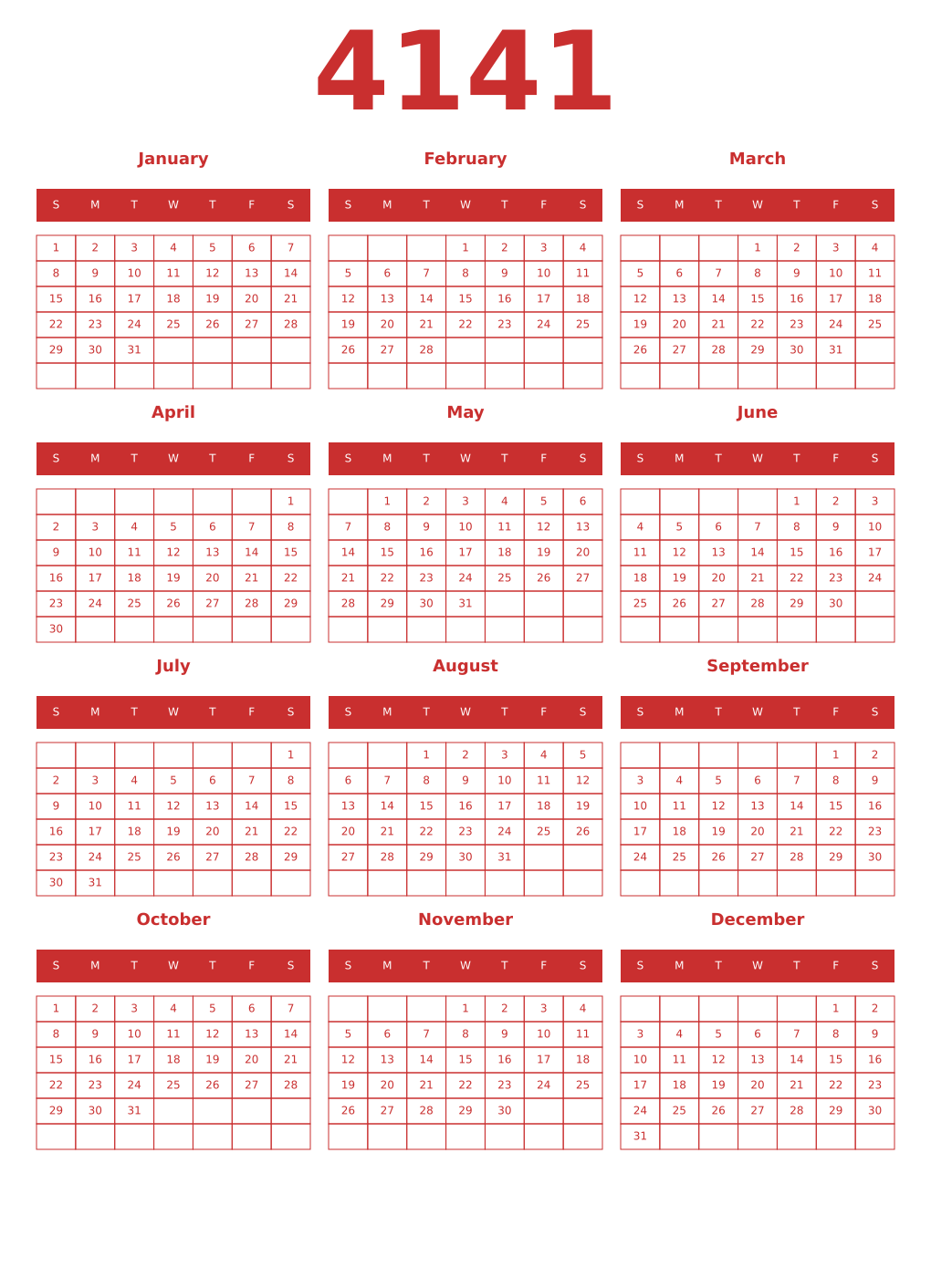 Printable 4141 Year Calendars red
