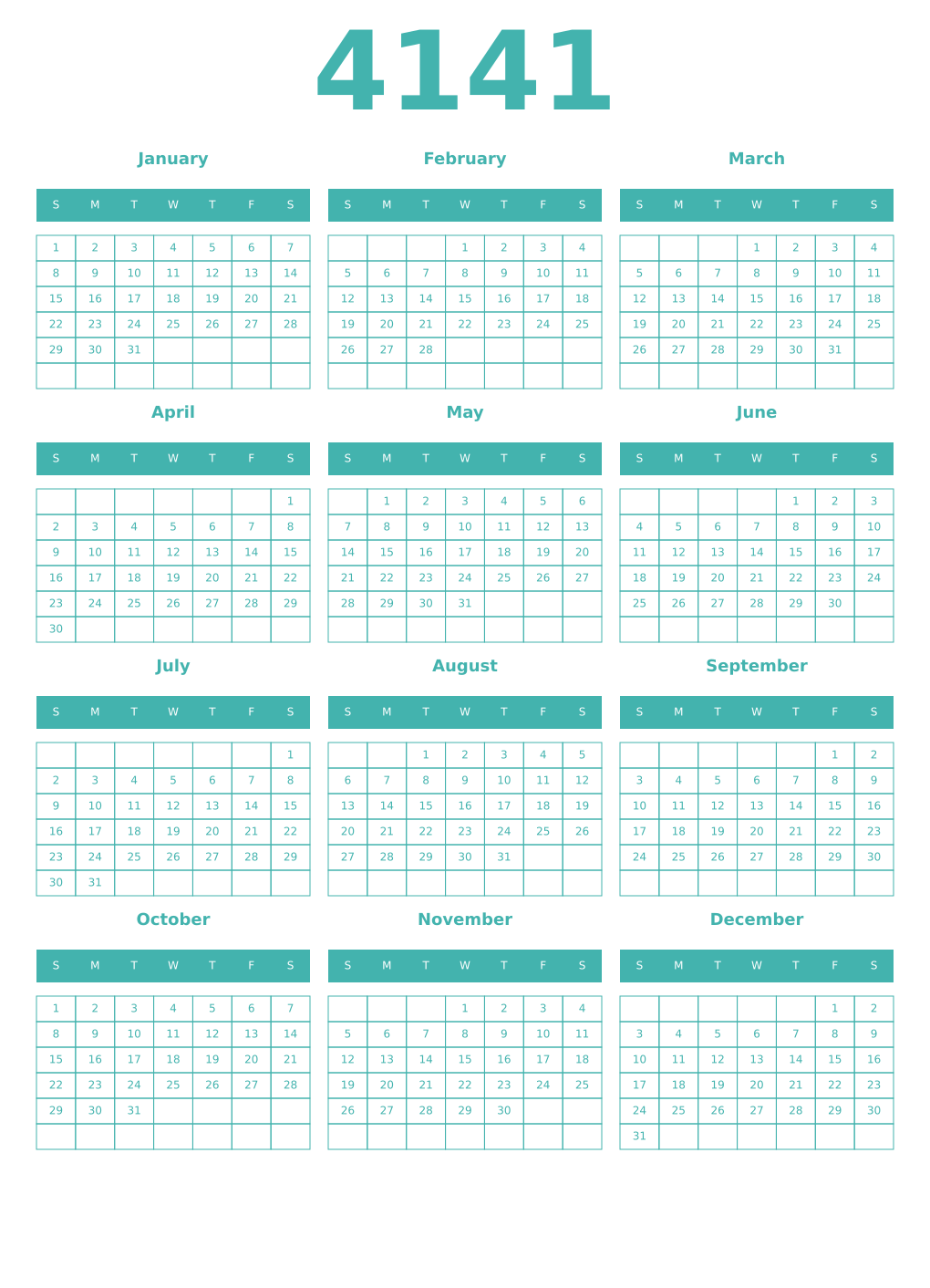 Printable 4141 Year Calendars verdigris