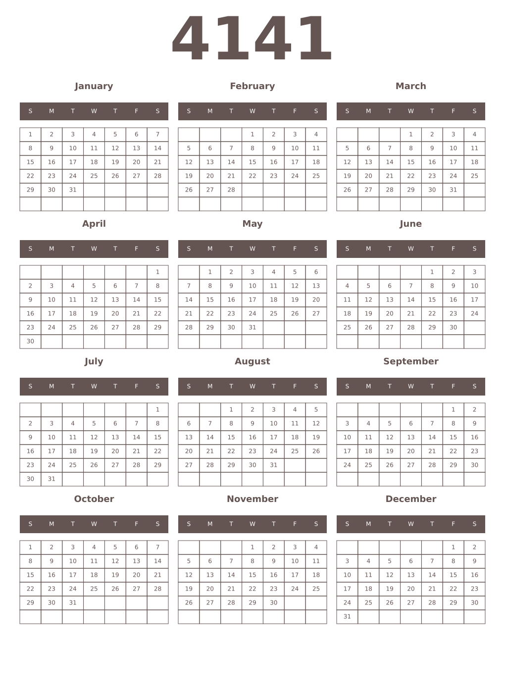 Printable 4141 Year Calendars wenge