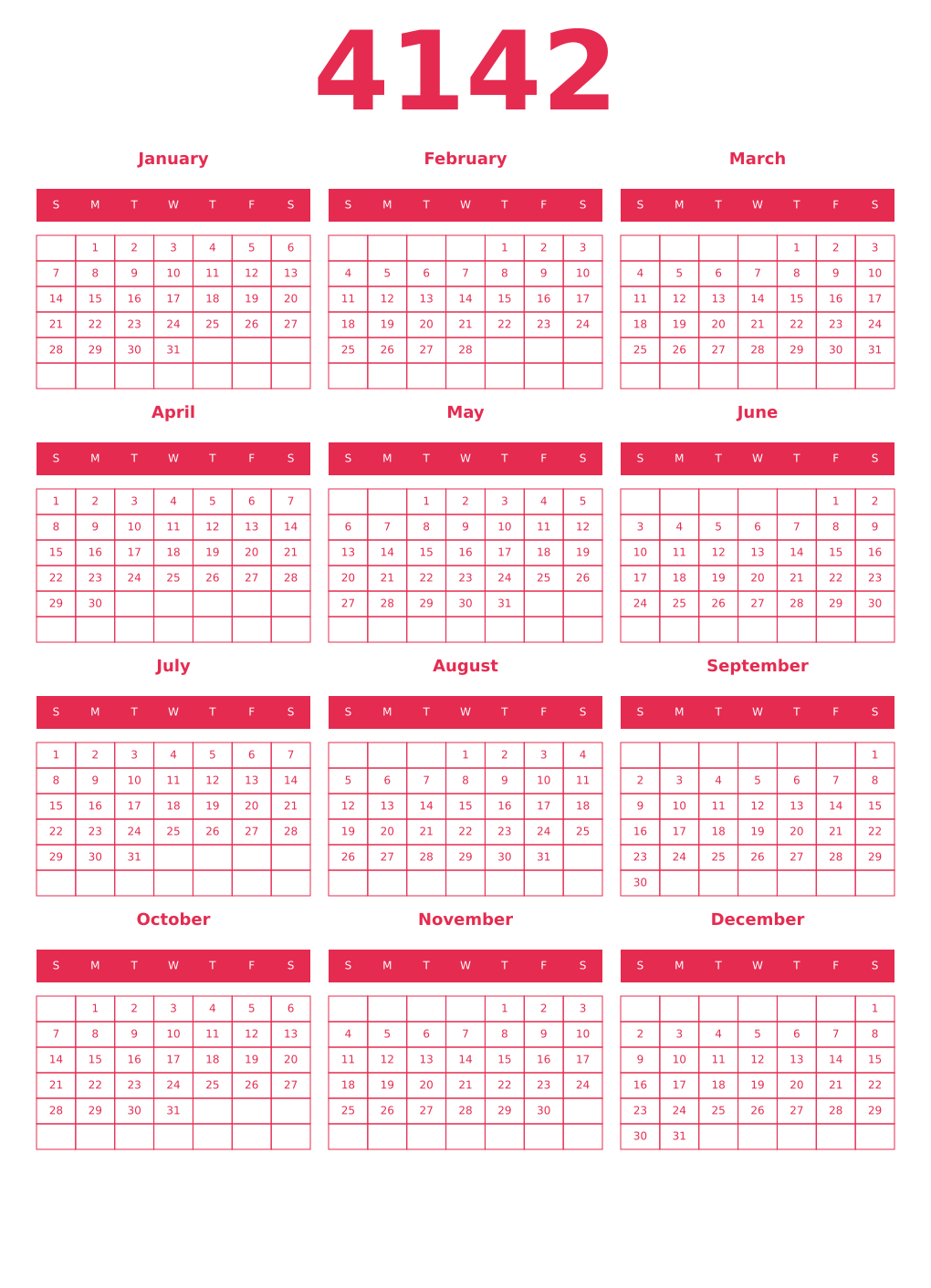 Printable 4142 Year Calendars amaranth