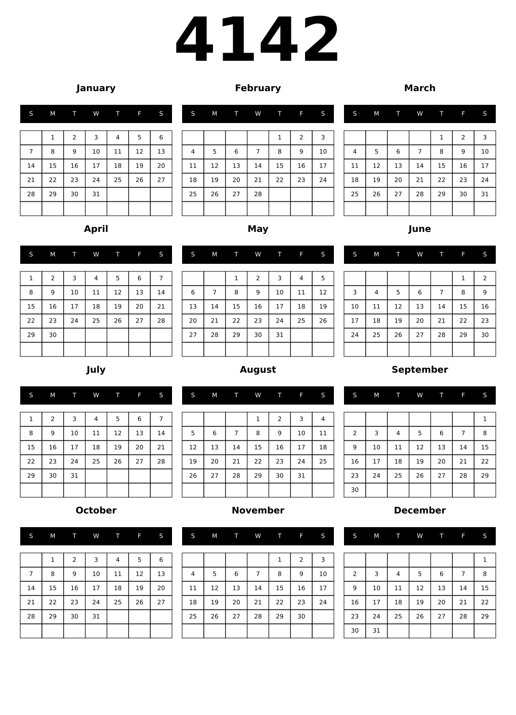 Printable 4142 Year Calendars black