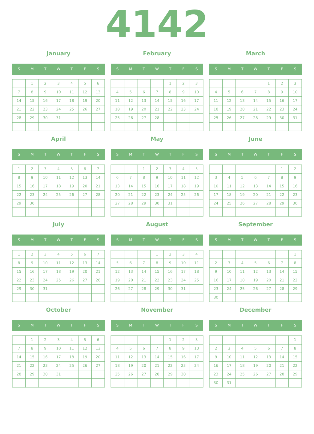Printable 4142 Year Calendars celadon