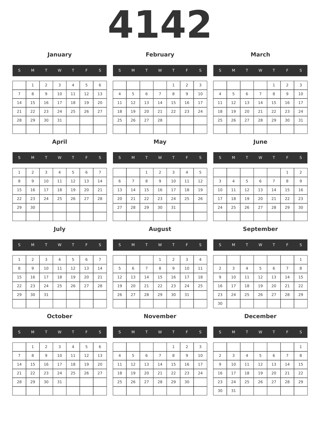 Printable 4142 Year Calendars dark