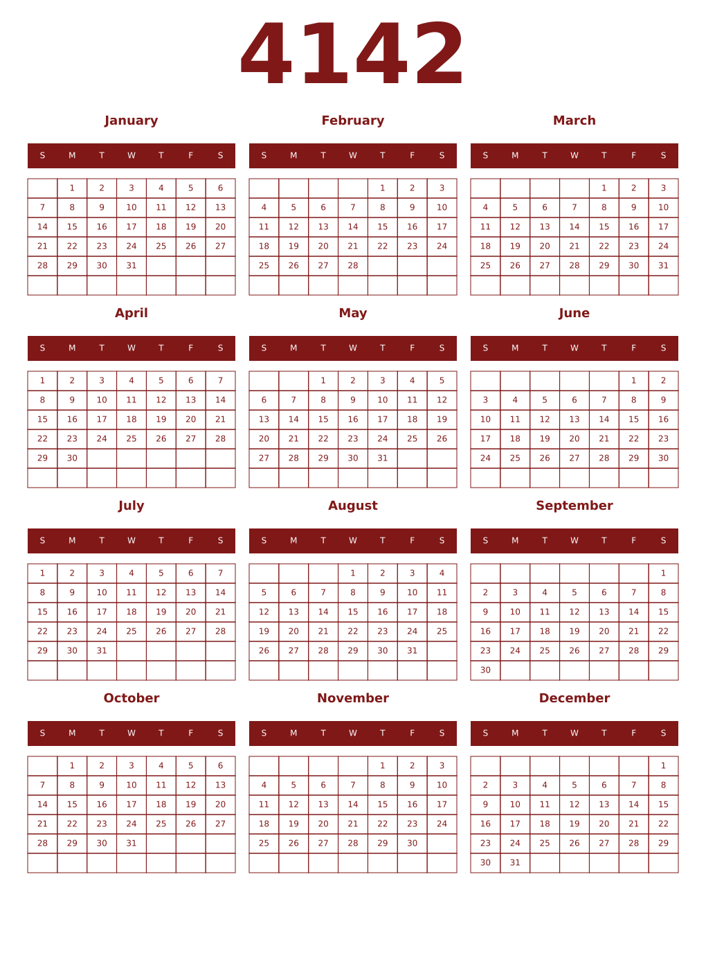 Printable 4142 Year Calendars falu