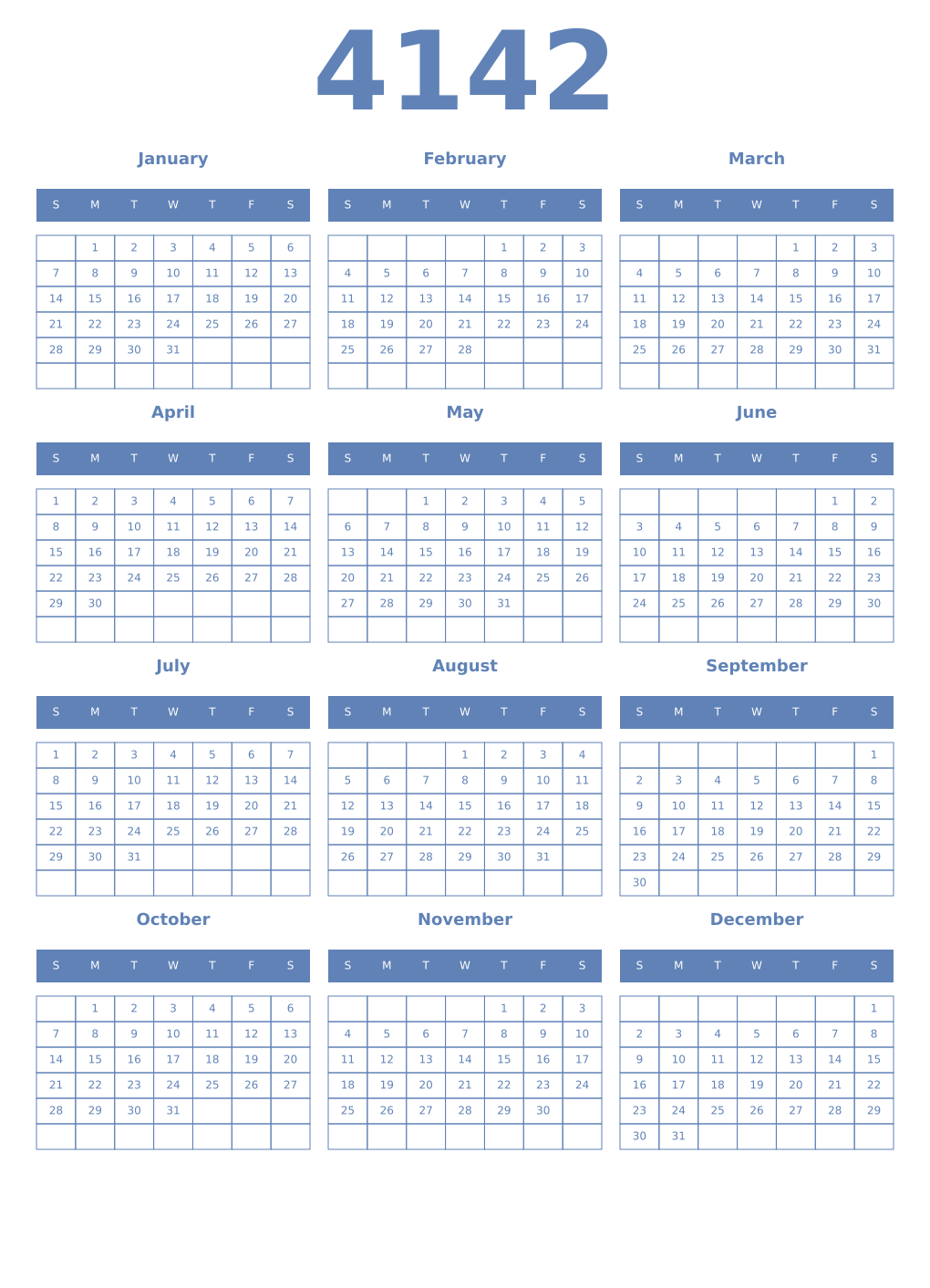 Printable 4142 Year Calendars glaucous