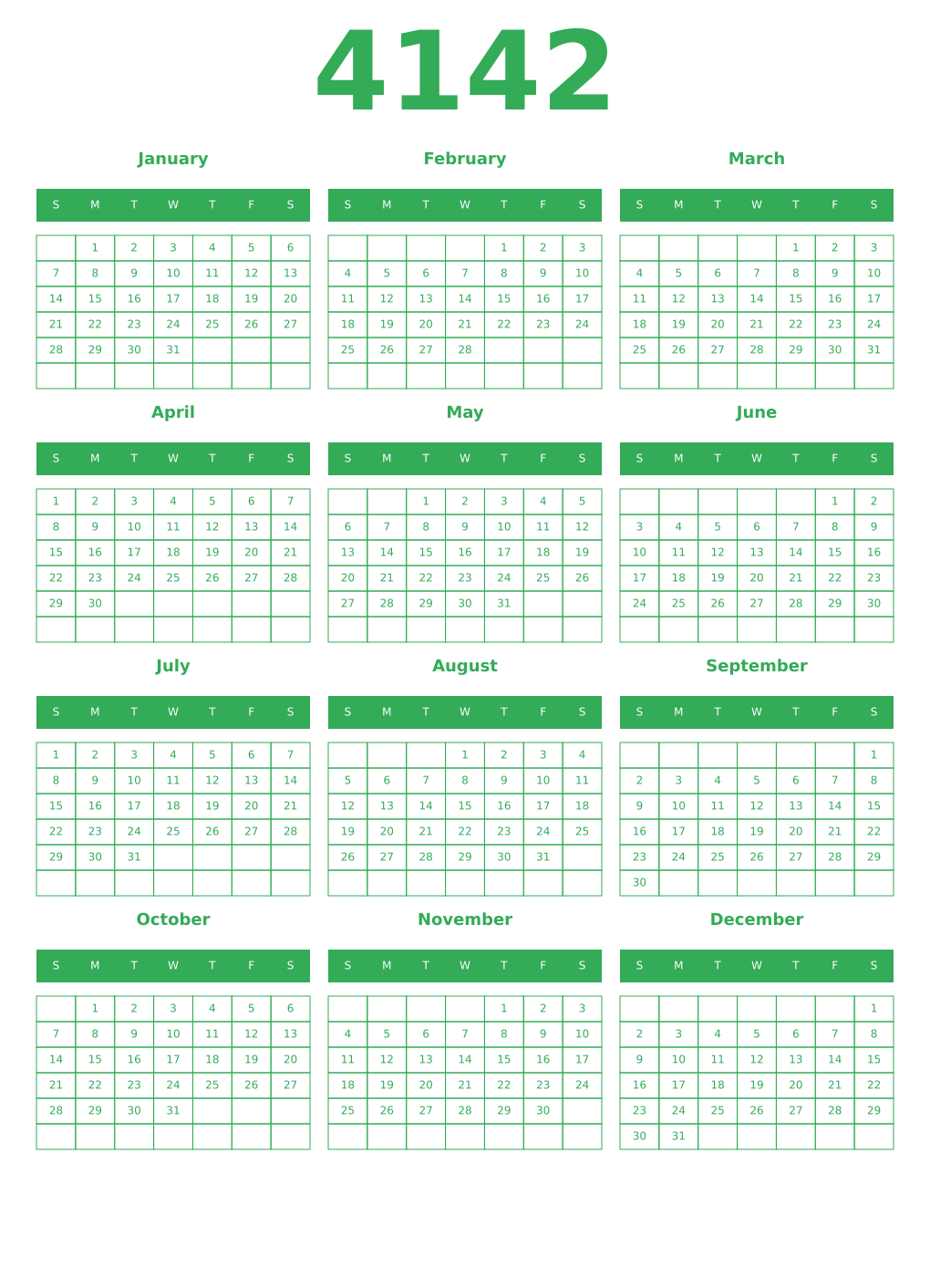 Printable 4142 Year Calendars green
