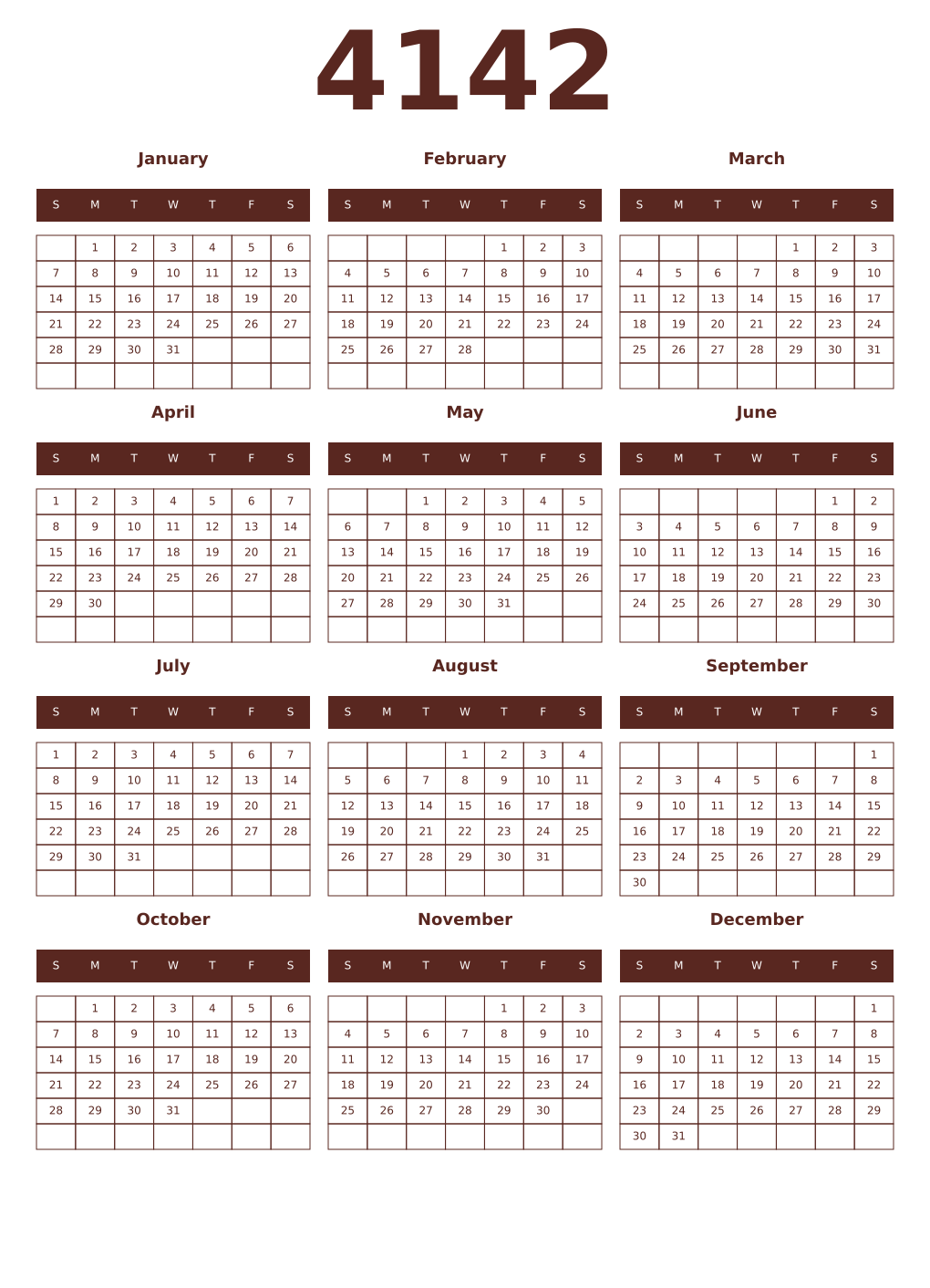 Printable 4142 Year Calendars mortuum