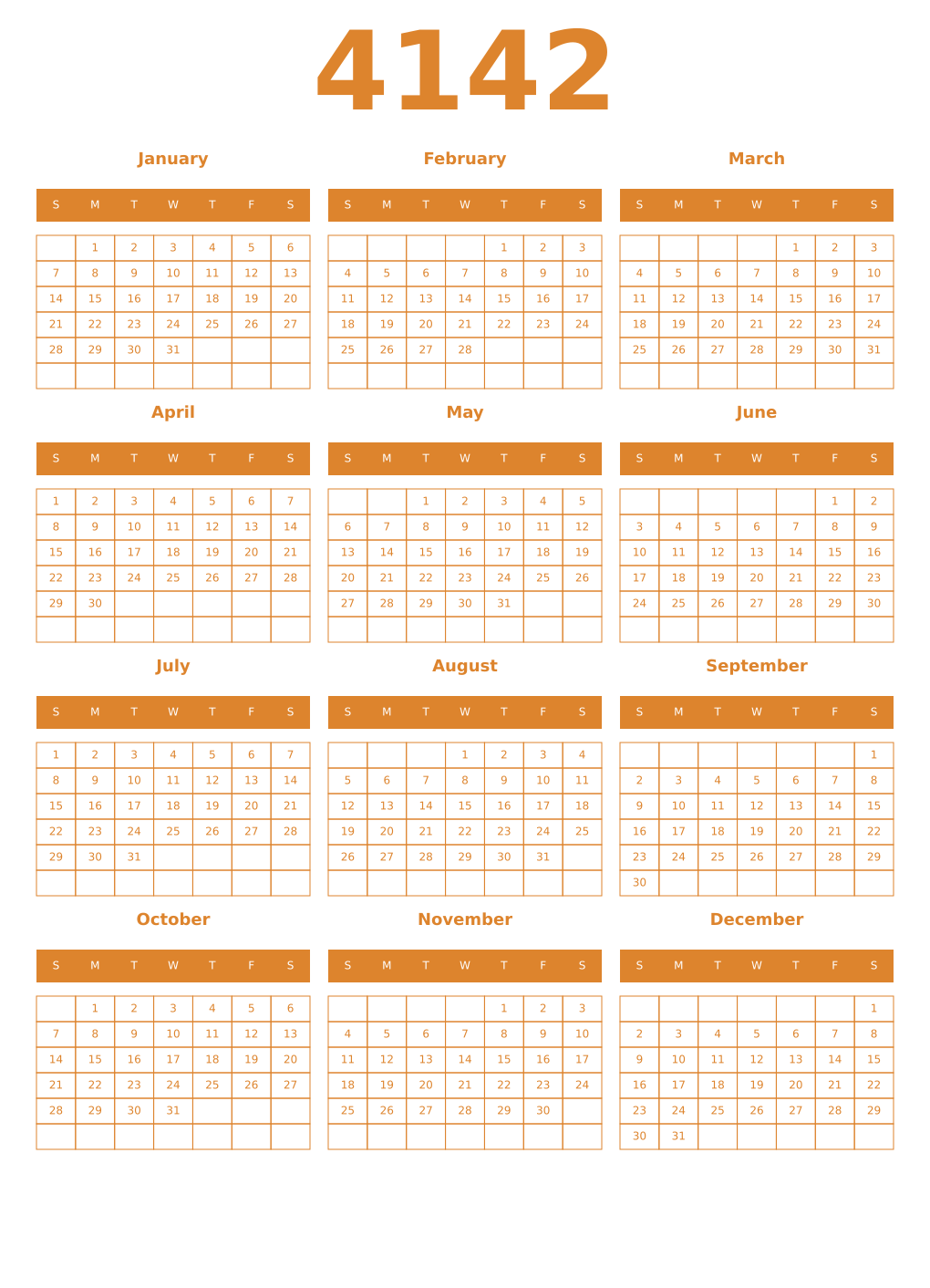 Printable 4142 Year Calendars orange