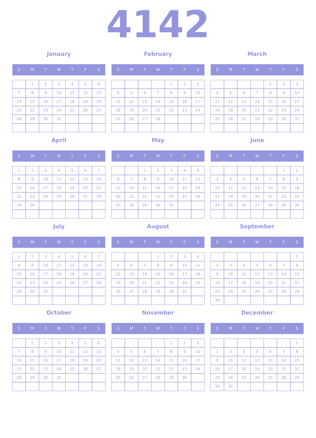 Printable 4142 Year Calendars periwinkle