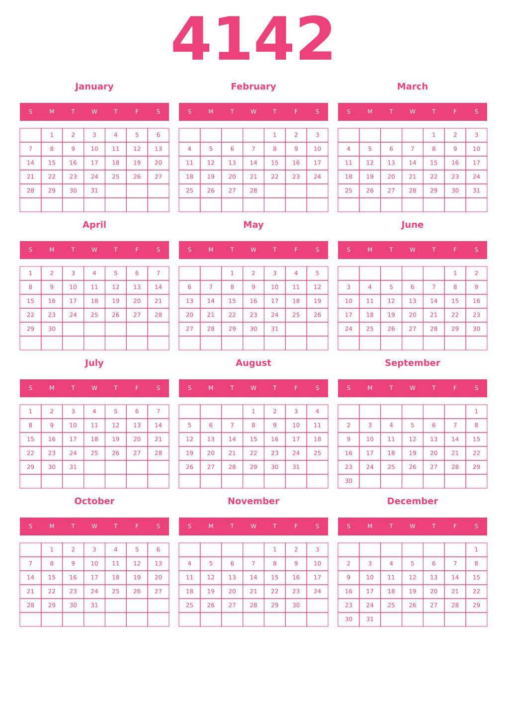 Printable 4142 Year Calendars pink