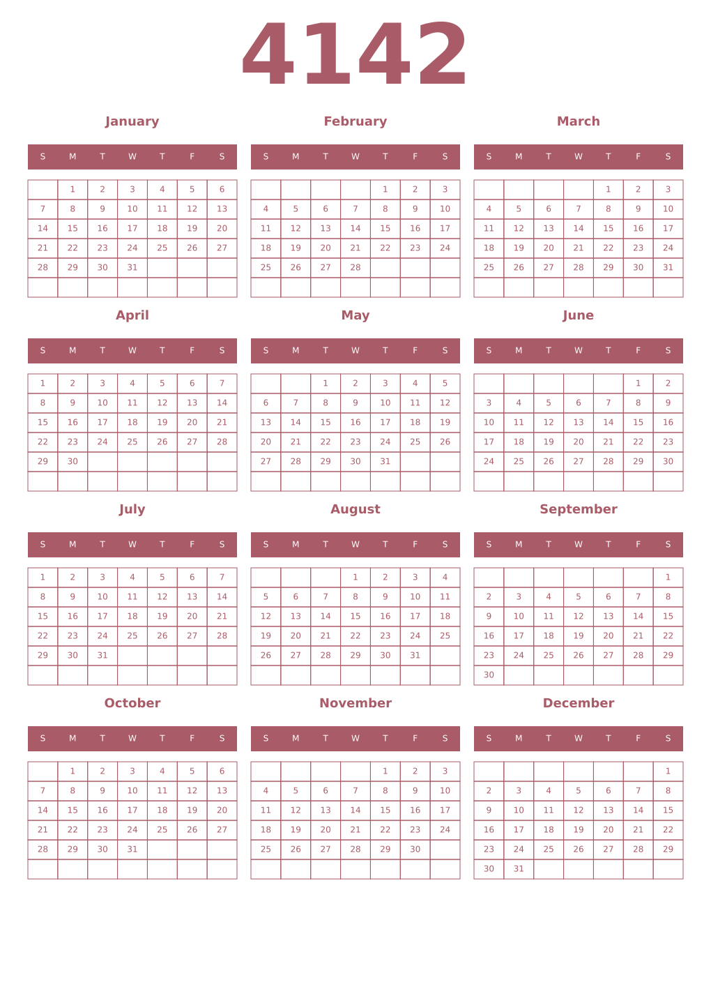 Printable 4142 Year Calendars puce
