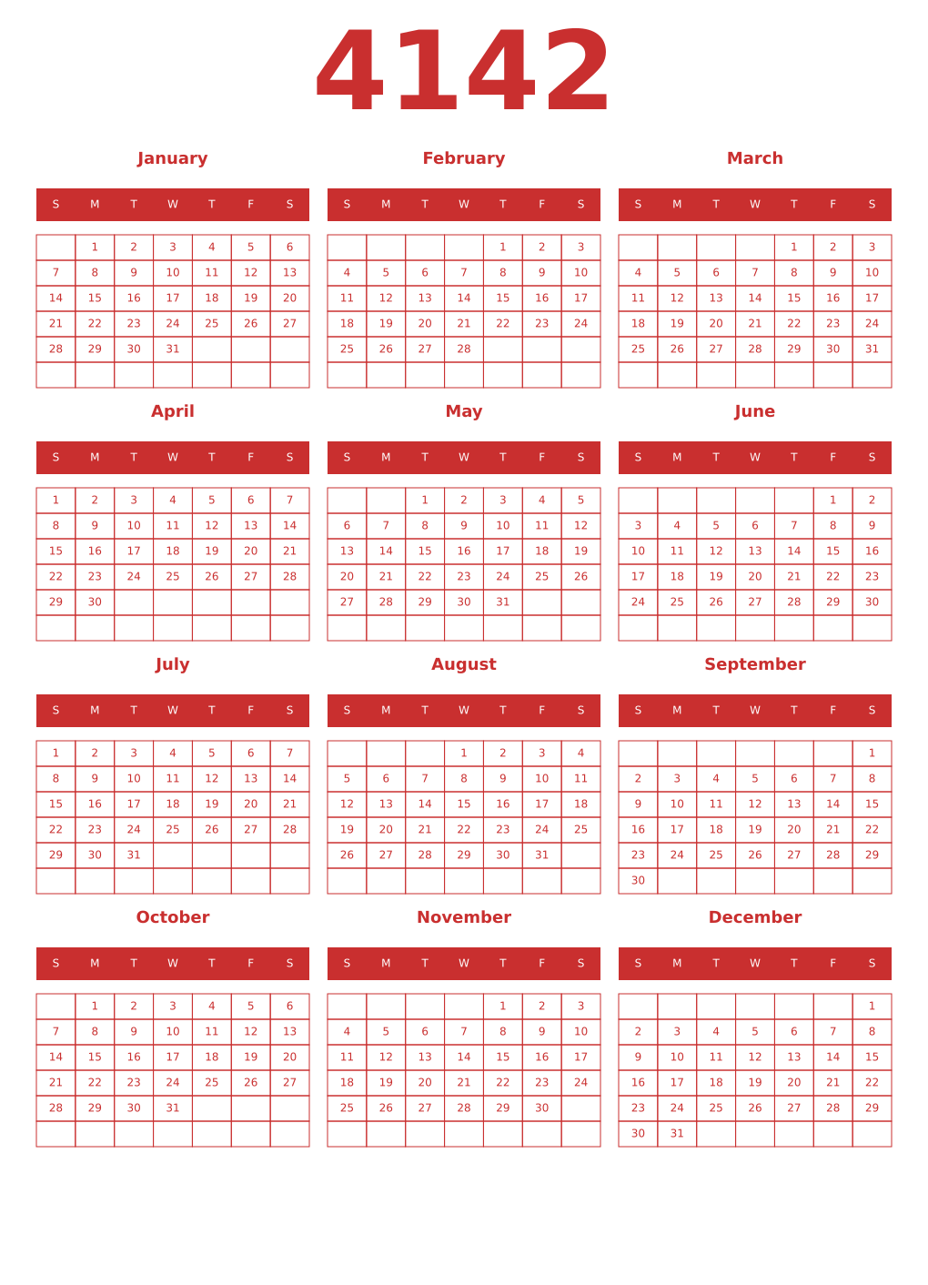 Printable 4142 Year Calendars red