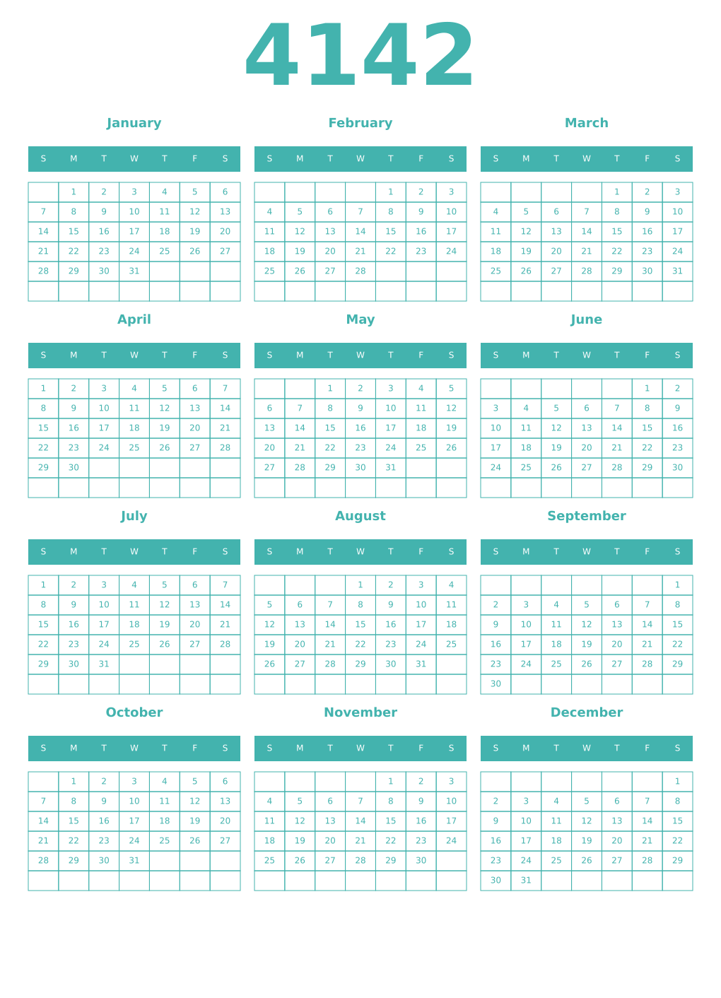 Printable 4142 Year Calendars verdigris