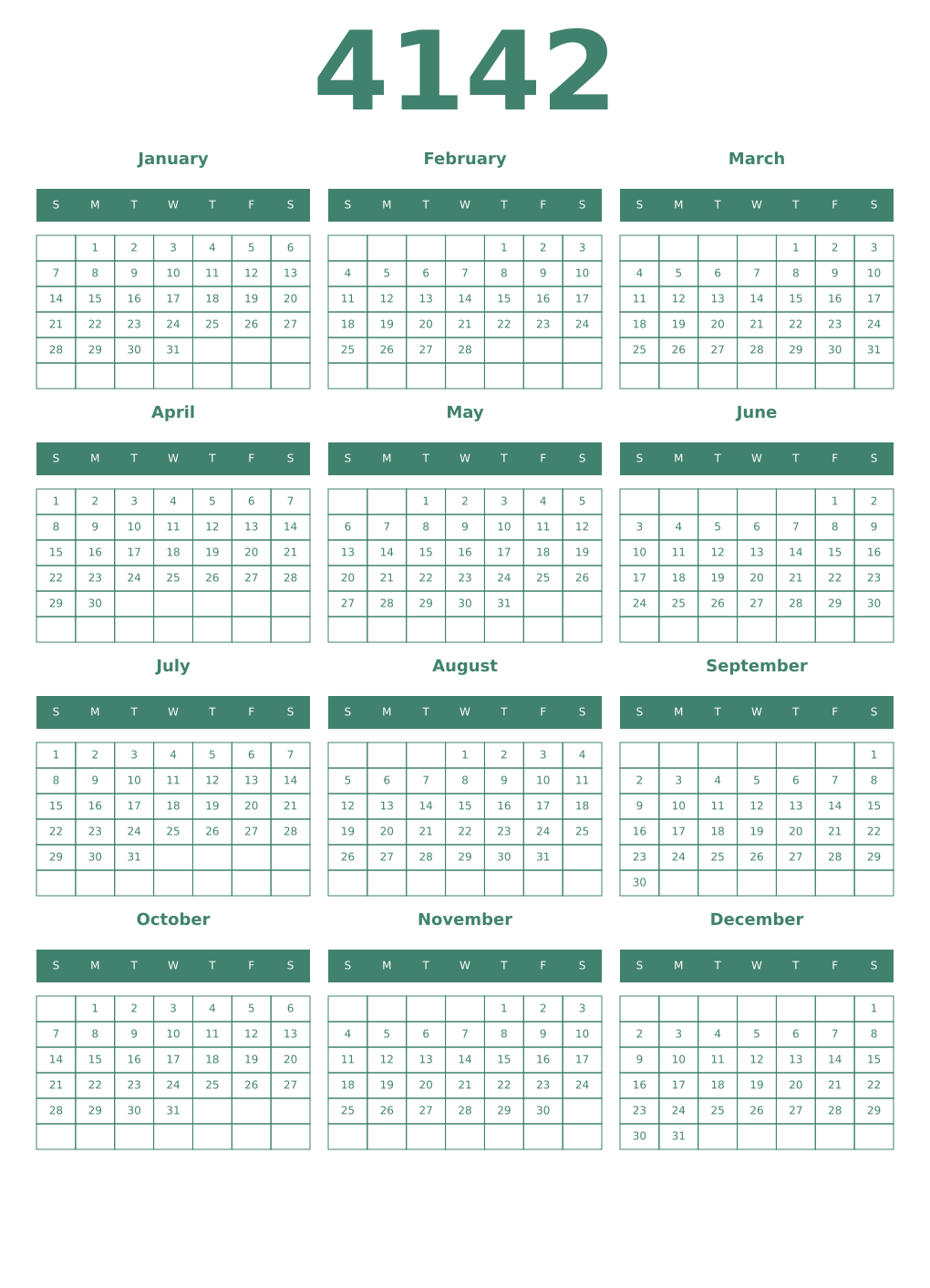 Printable 4142 Year Calendars viridian