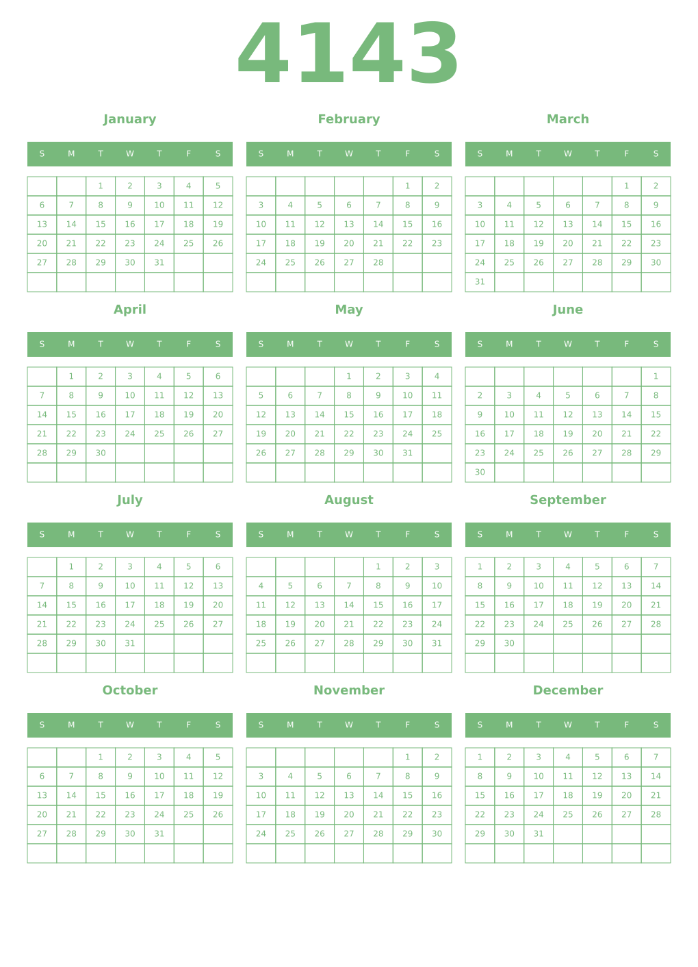 Printable 4143 Year Calendars celadon