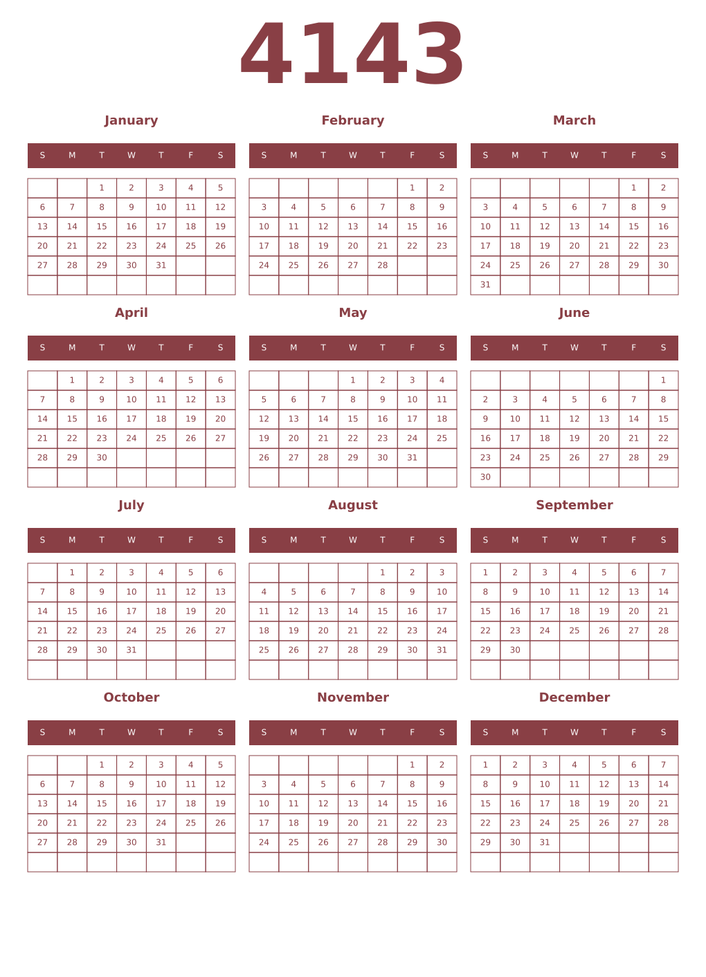 Printable 4143 Year Calendars cordovan